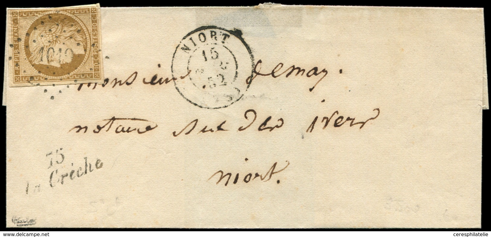 Let EMISSION DE 1849 - 1    10c. Bistre Jaune, Obl. PC 1019 S. LSC, Càd T15 NIORT 15/11/52 Et Cursive 75/LA CRECHE, TB - 1849-1850 Ceres