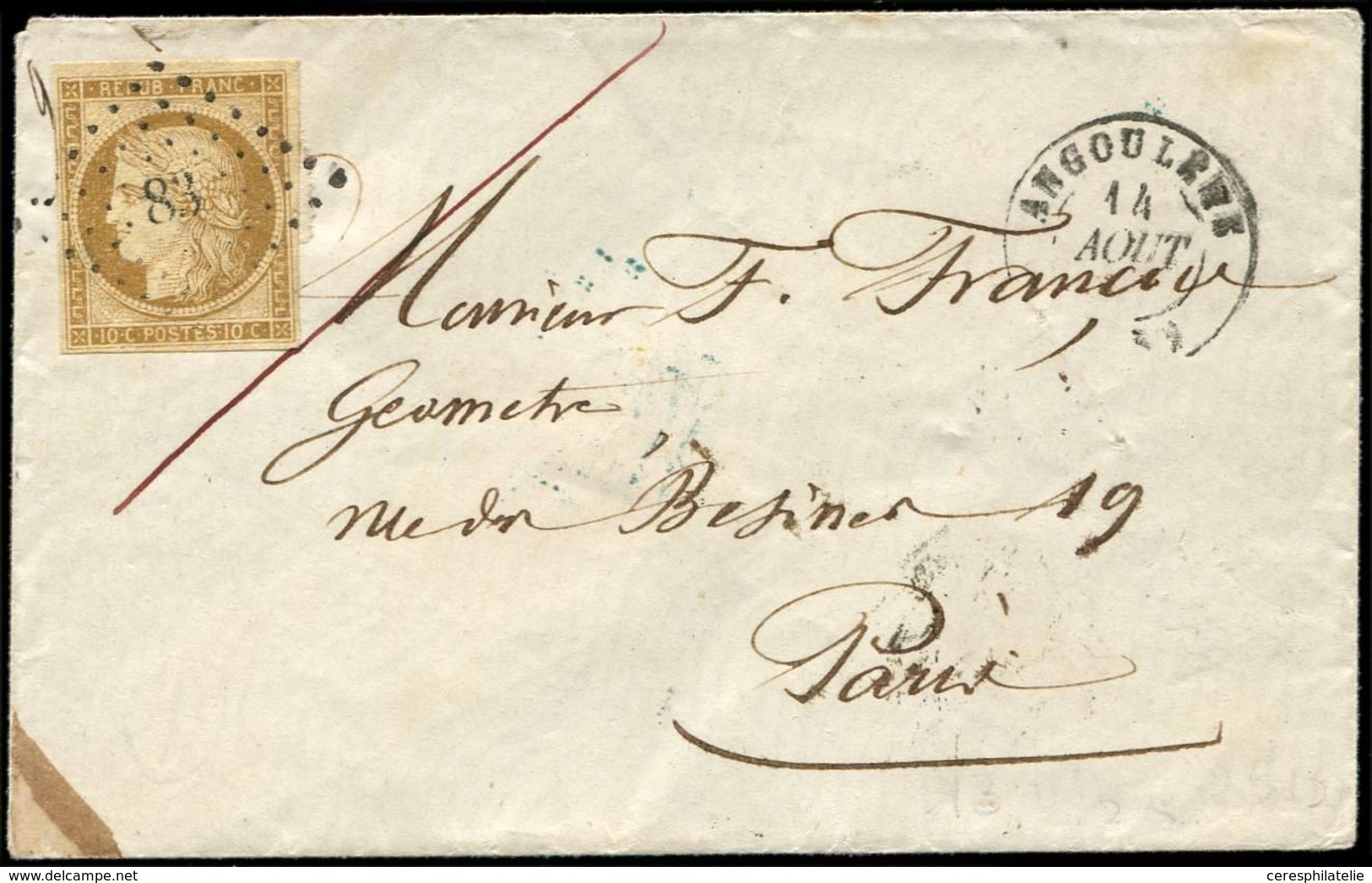 Let EMISSION DE 1849 - 1    10c. Bistre Jaune Obl. PC 83 S. Env., Càd T15 ANGOULEME 14/8/54, Au Verso Càd PARIS POSTE RE - 1849-1850 Ceres