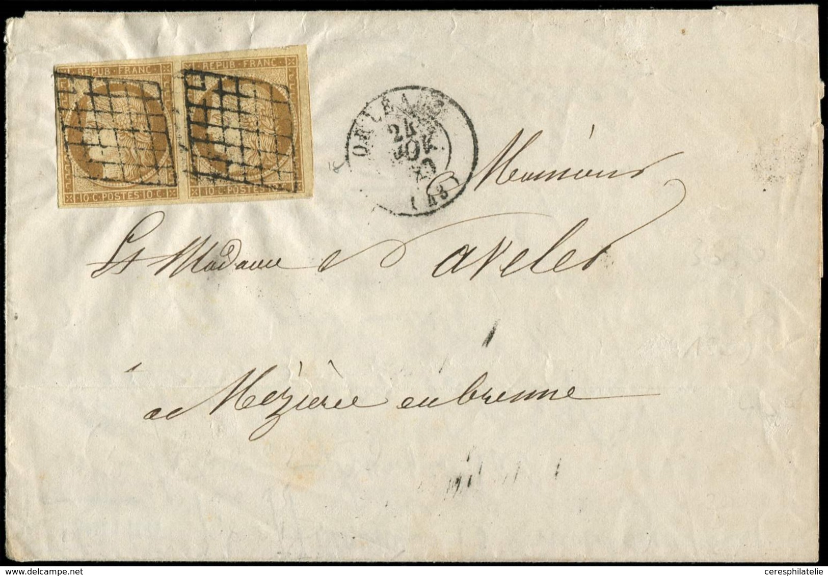 Let EMISSION DE 1849 - 1    10c. Bistre Jaune, PAIRE Obl. GRILLE S. LAC, Càd T15 ORLEANS 24/11/50, TB, Cote Maury - 1849-1850 Ceres