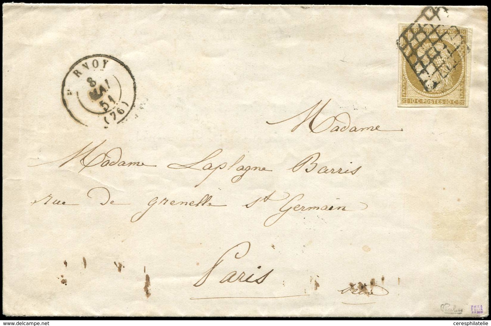 Let EMISSION DE 1849 - 1b   10c. Bistre-VERDATRE, Obl. GRILLE Sur LAC, Càd HORNOY 8/5/51, TB. C, Cote Maury - 1849-1850 Ceres