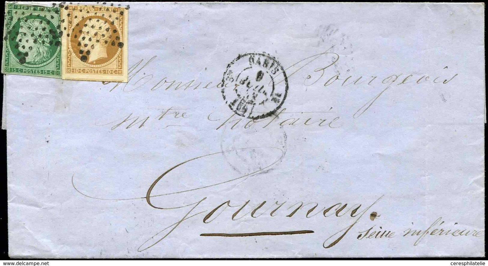 Let EMISSION DE 1849 - 2 + 9, 15c. Vert Cérès Et 10c. Bistre Présidence, Obl. ETOILE S. LSC, Càd PARIS 9/7/53, Les 2 T.  - 1849-1850 Ceres