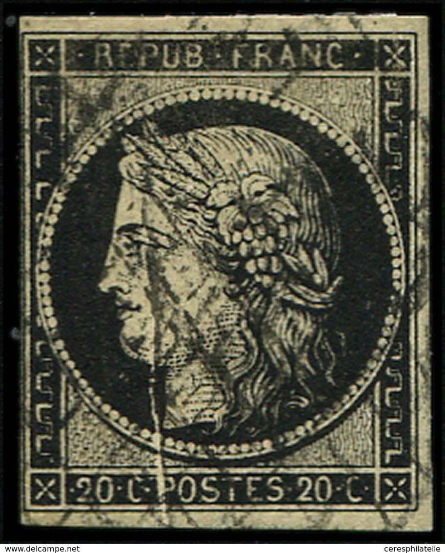 EMISSION DE 1849 - 3    20c. Noir Sur Jaune, Obl. GRILLE, PLI ACCORDEON, R Et TB. C - 1849-1850 Ceres
