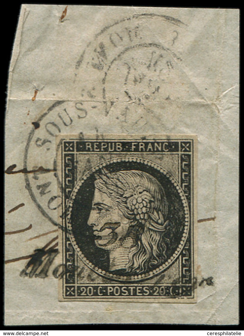 EMISSION DE 1849 - 3    20c. Noir Sur Jaune, Obl. Cursive 38/MONTBARREY Et Càd MONT-SOUS-VAUDREY 14 JANV 49 S. Fragt, TB - 1849-1850 Ceres