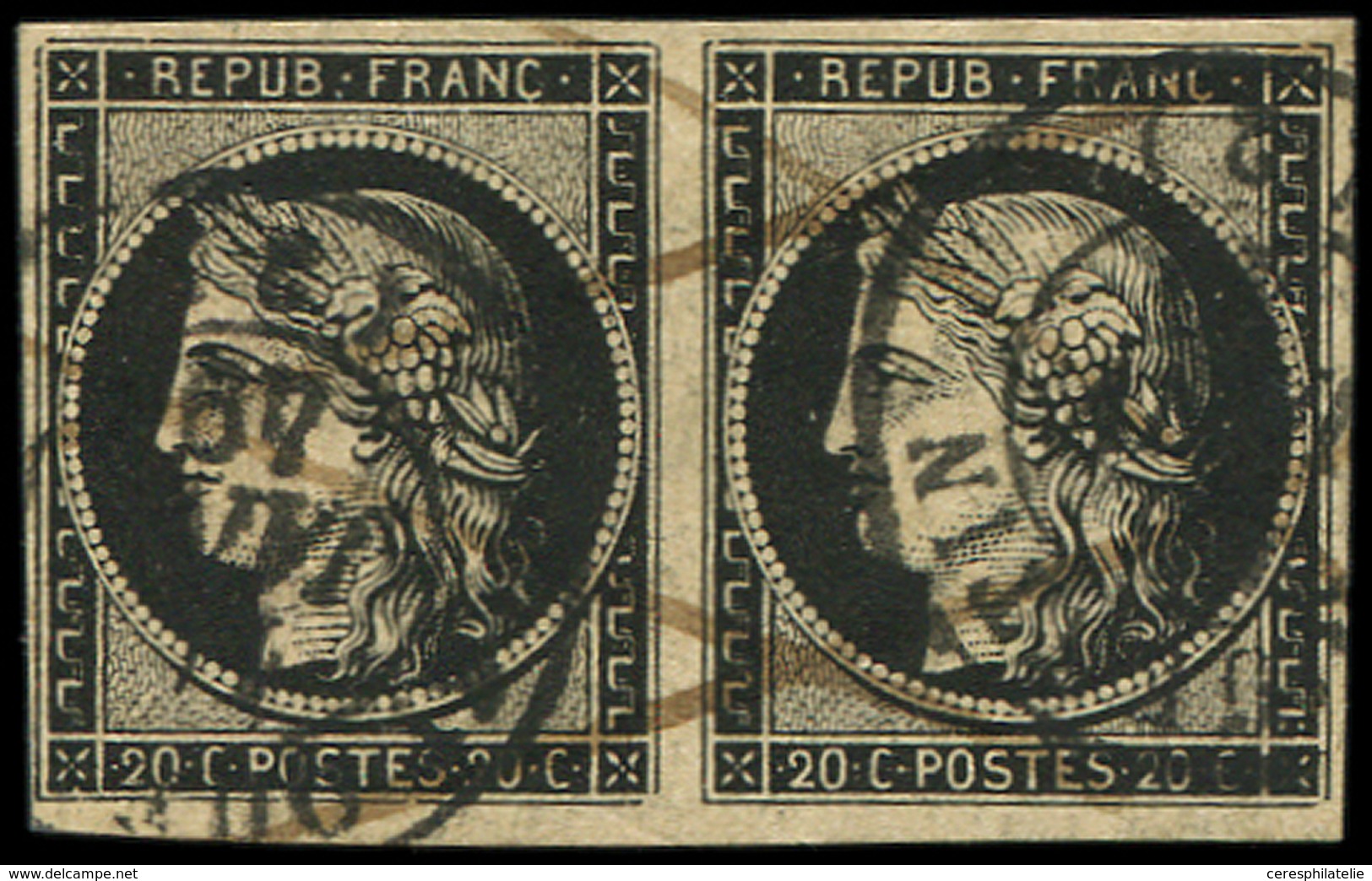 EMISSION DE 1849 - 3    20c. Noir Sur Jaune, PAIRE Obl. Càd T15 11 JANV 49 St QUENTIN Et Plume, TB. J - 1849-1850 Ceres