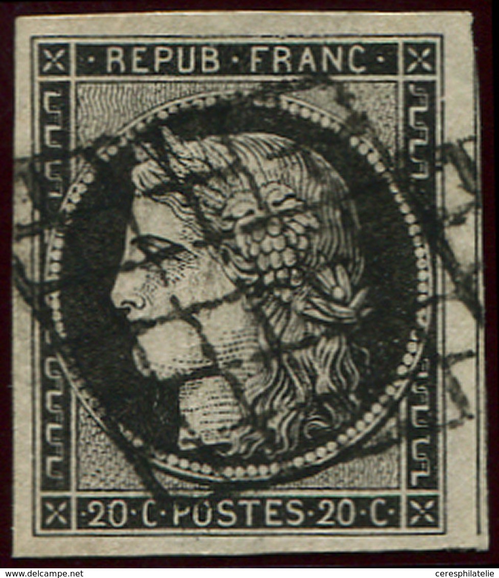 EMISSION DE 1849 - 3a   20c. Noir Sur Blanc, Grandes Marges, Filet De Voisin à Droite, Obl. GRILLE, Superbe - 1849-1850 Ceres