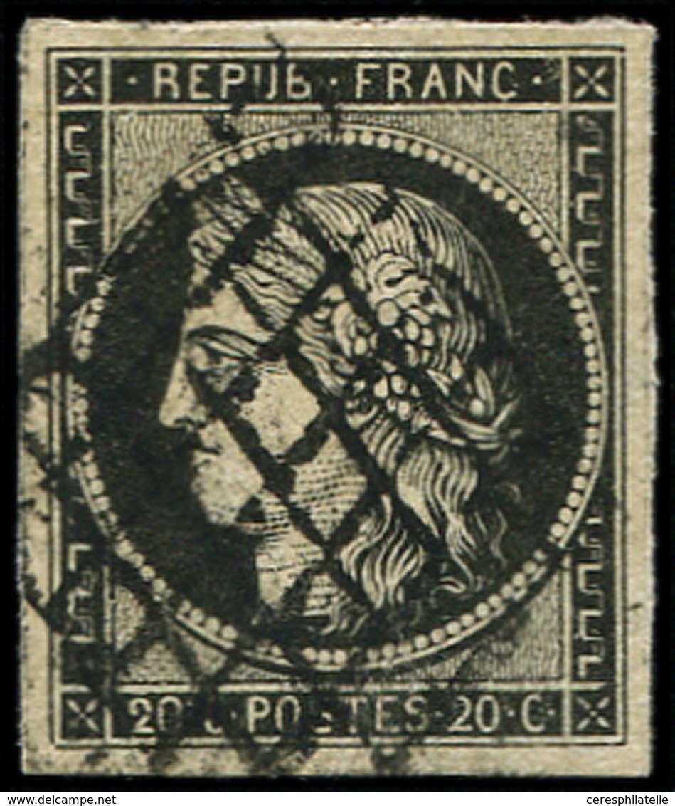 EMISSION DE 1849 - 3f   20c. Noir S. Teinté, Obl. GRILLE, TTB N° Maury - 1849-1850 Ceres