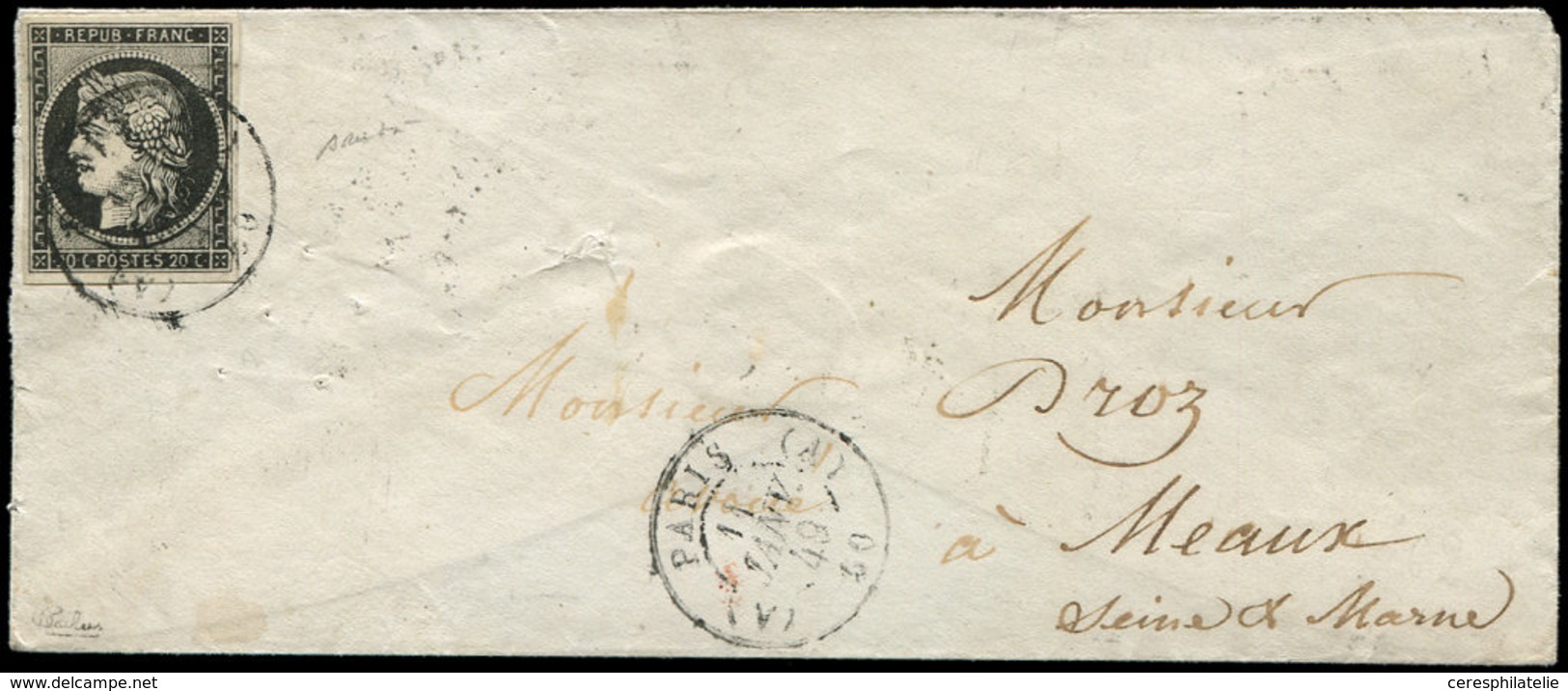 Let EMISSION DE 1849 - 3a   20c. Noir Sur Blanc, Obl. Càd T1502 (A) PARIS (A) 11 JANV 49 S. Env., TB - 1849-1850 Ceres