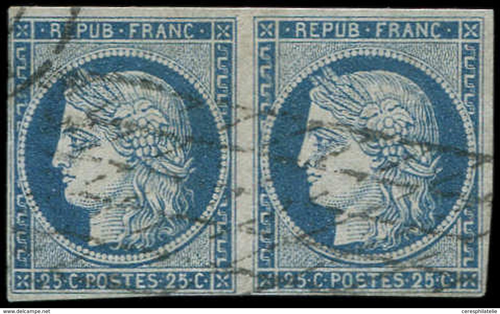 EMISSION DE 1849 - 4    25c. Bleu, PAIRE Obl. GRILLE Sans FIN Court Au Filet, TB - 1849-1850 Ceres