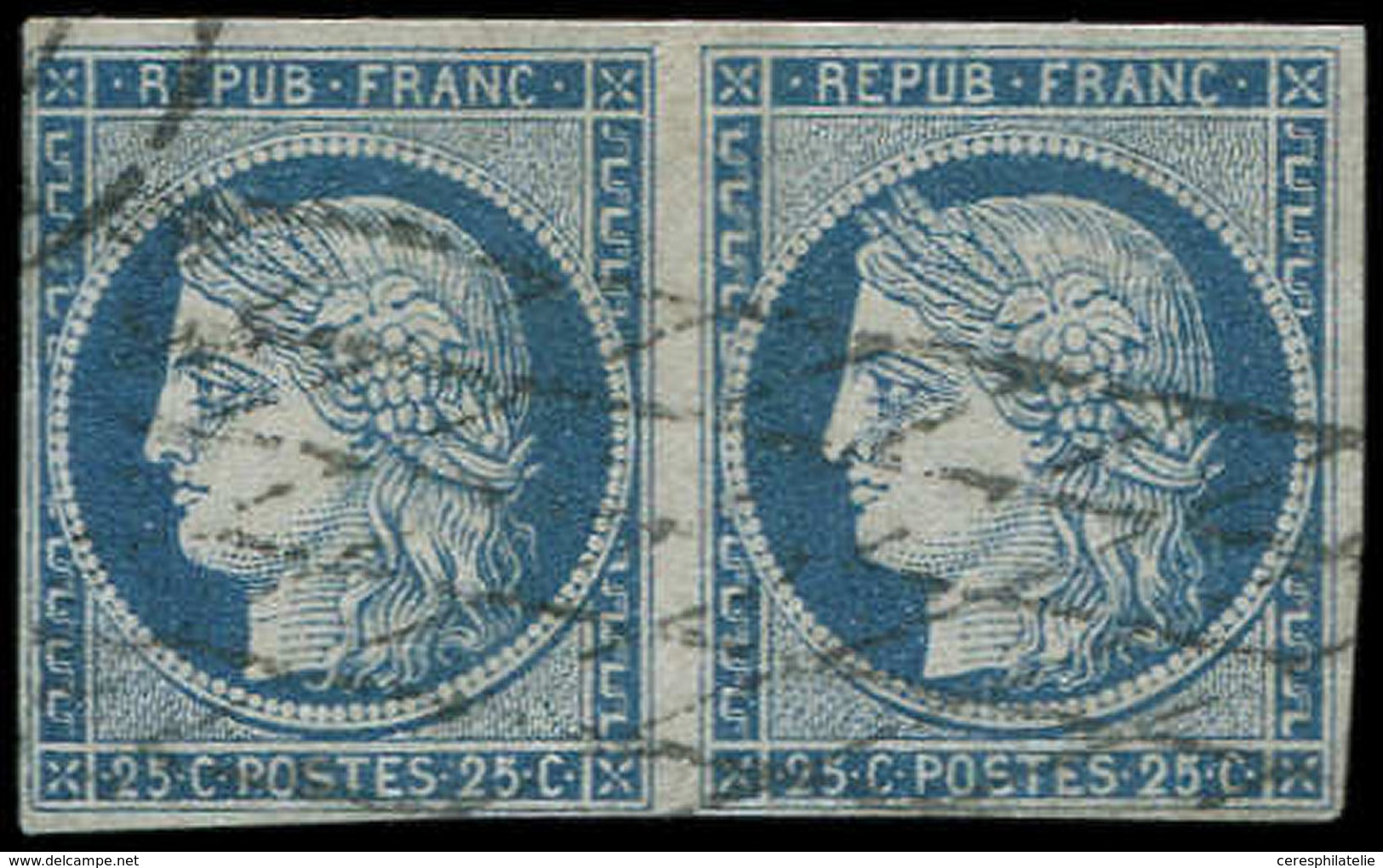 EMISSION DE 1849 - 4    25c. Bleu, PAIRE Obl. GRILLE Sans FIN Court Au Filet, TB - 1849-1850 Cérès