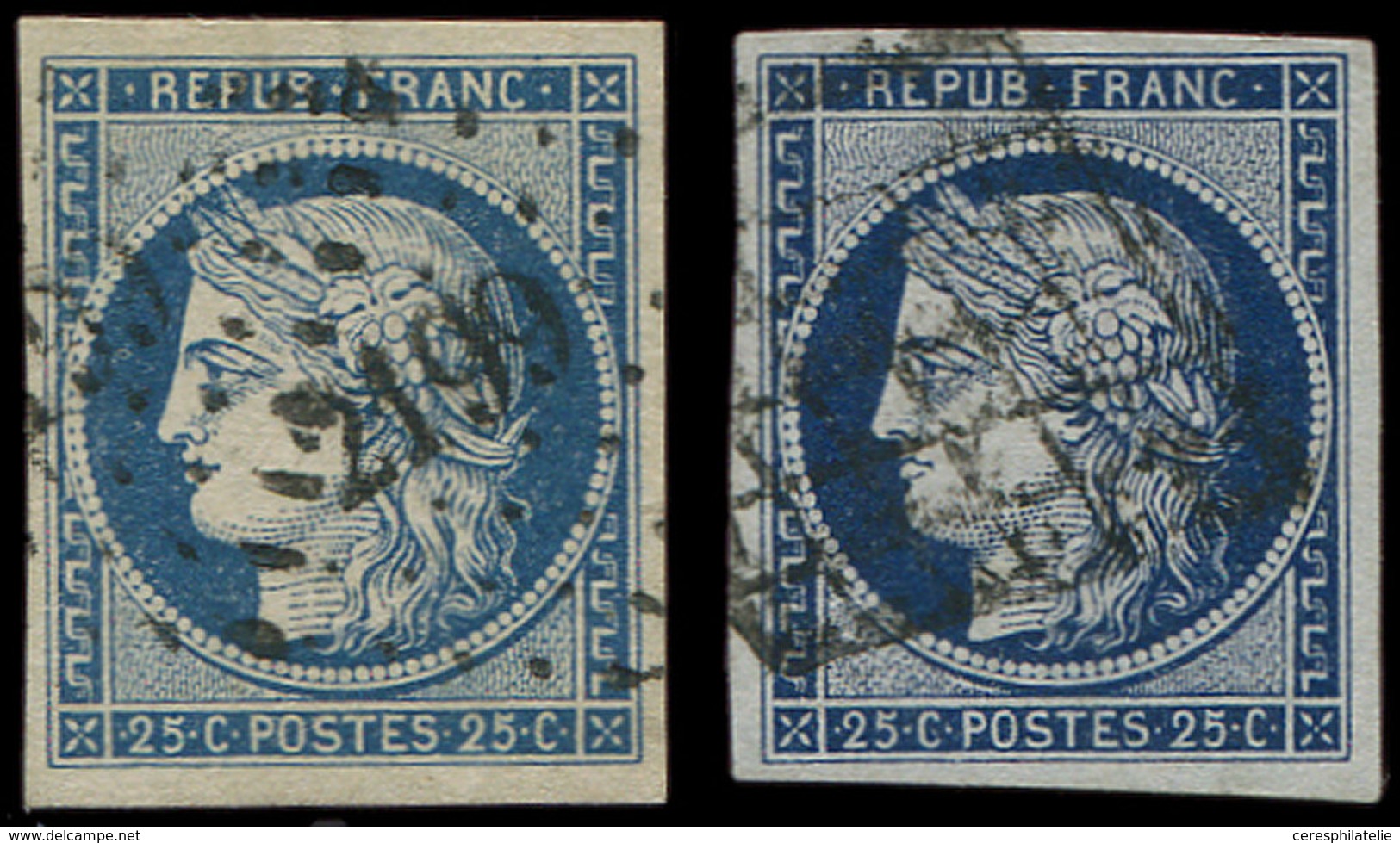 EMISSION DE 1849 - 4 Et 4a, 25c. Bleu Et Bleu Foncé, Obl. PC 2199 Et GRILLE, TB - 1849-1850 Cérès