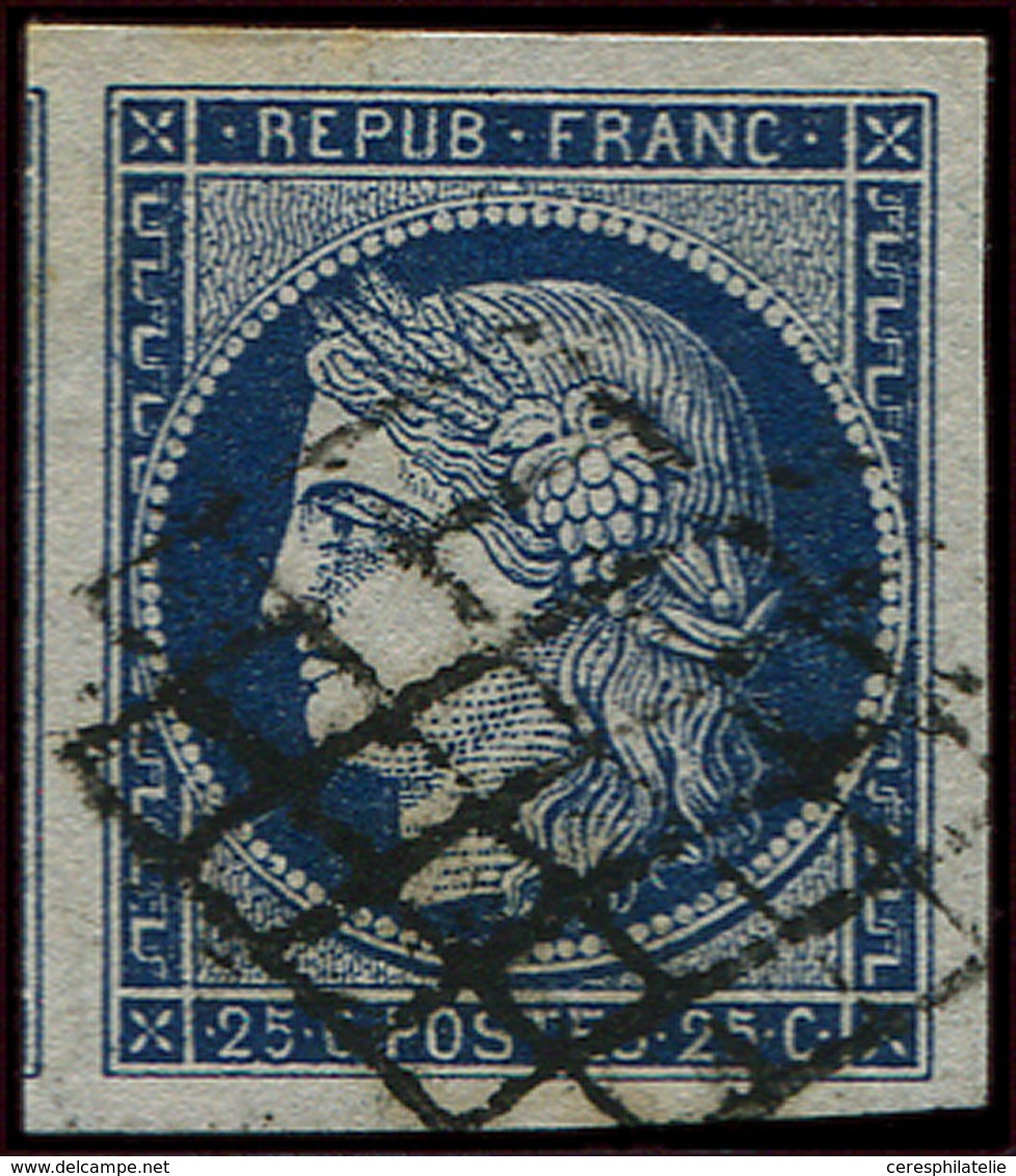 EMISSION DE 1849 - 4a   25c. Bleu Foncé, Marges énormes, Filet De Voisin à Gauche, Obl. GRILLE, Superbe - 1849-1850 Cérès