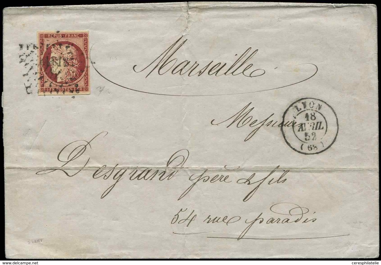 Let EMISSION DE 1849 - 6     1f. Carmin, Oblitéré PC 1818 S. LSC, Càd LYON 18/4/52, TB - 1849-1850 Cérès