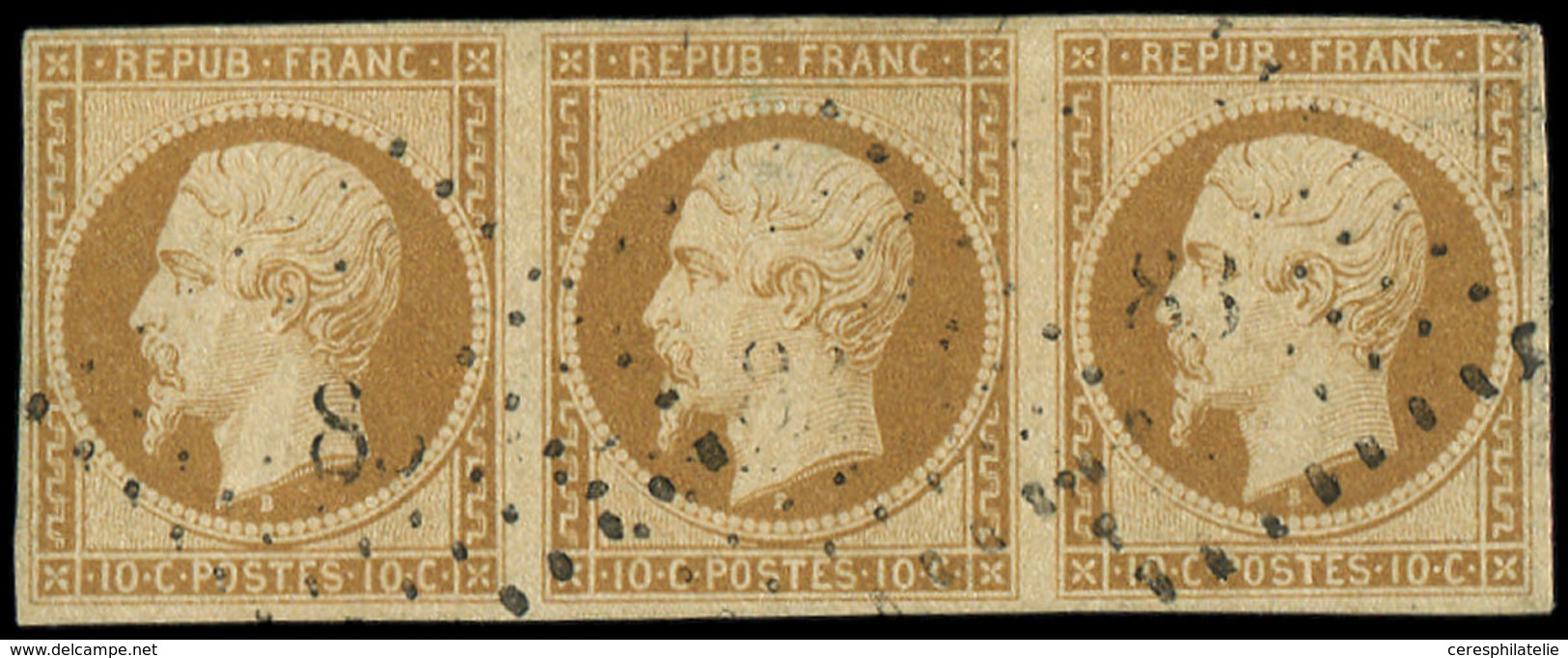 PRESIDENCE - 9    10c. Bistre-jaune, BANDE De 3 (au Filet Dans Un Angle) Obl. PC, TB. C - 1852 Luigi-Napoleone