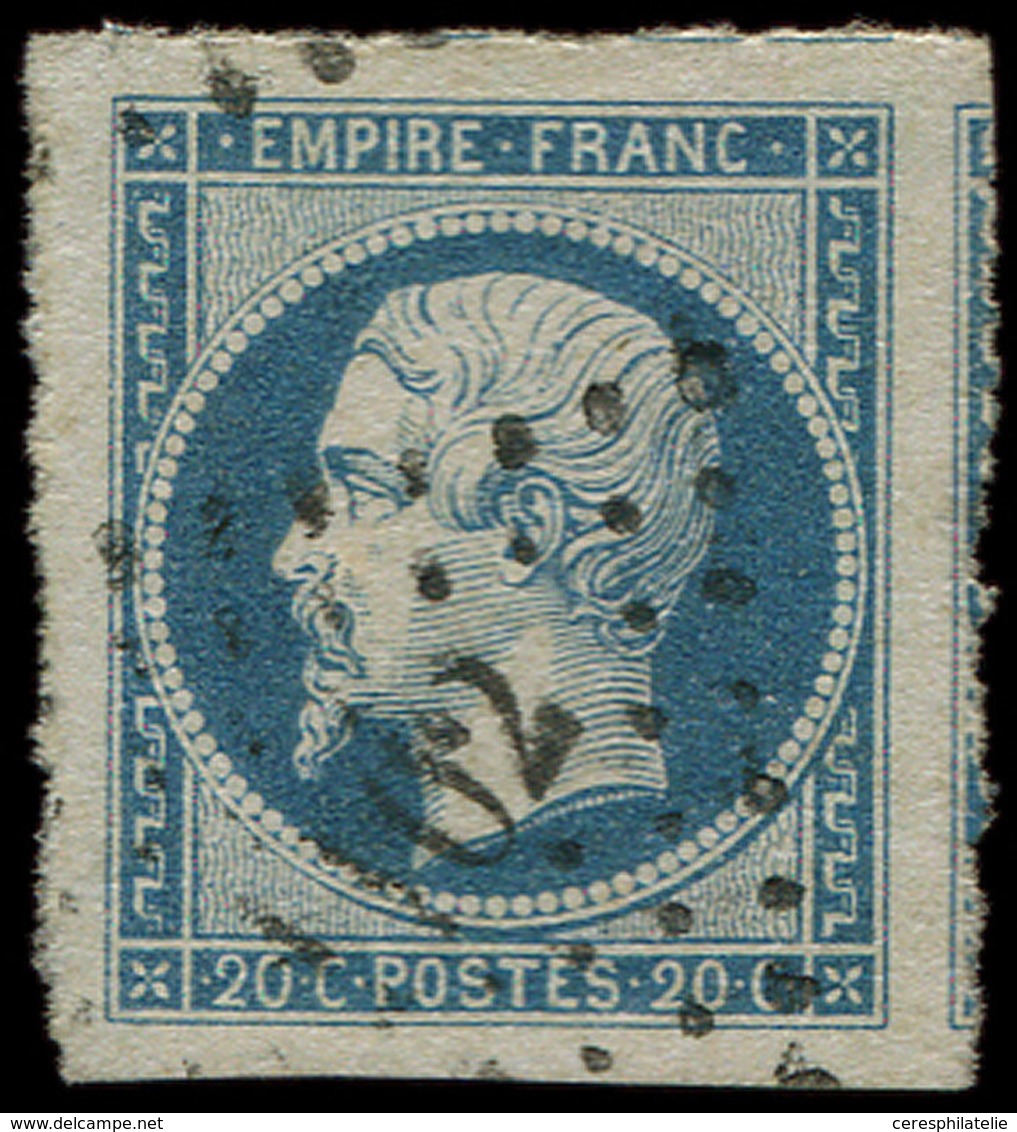 EMPIRE NON DENTELE - 14A  20c. Bleu, T I, Marges énormes, Voisin à Droite, Obl. PC 1102, Superbe - 1853-1860 Napoleon III