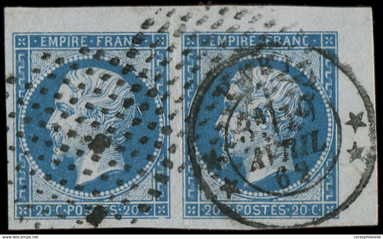 EMPIRE NON DENTELE - 14B  20c. Bleu T II, PAIRE Petit Cdf, Obl. RONDS De POINTS Et Càd ** PARIS ** 19/4/62, Superbe - 1853-1860 Napoléon III