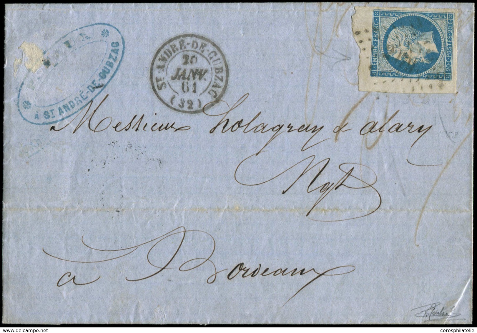 Let EMPIRE NON DENTELE - 14A  20c. Bleu, T I COIN De FEUILLE, Obl. PC 2979 S. LAC, Càd T15 St ANDRE-DE-CUBZAC 20/1/61, T - 1853-1860 Napoleon III