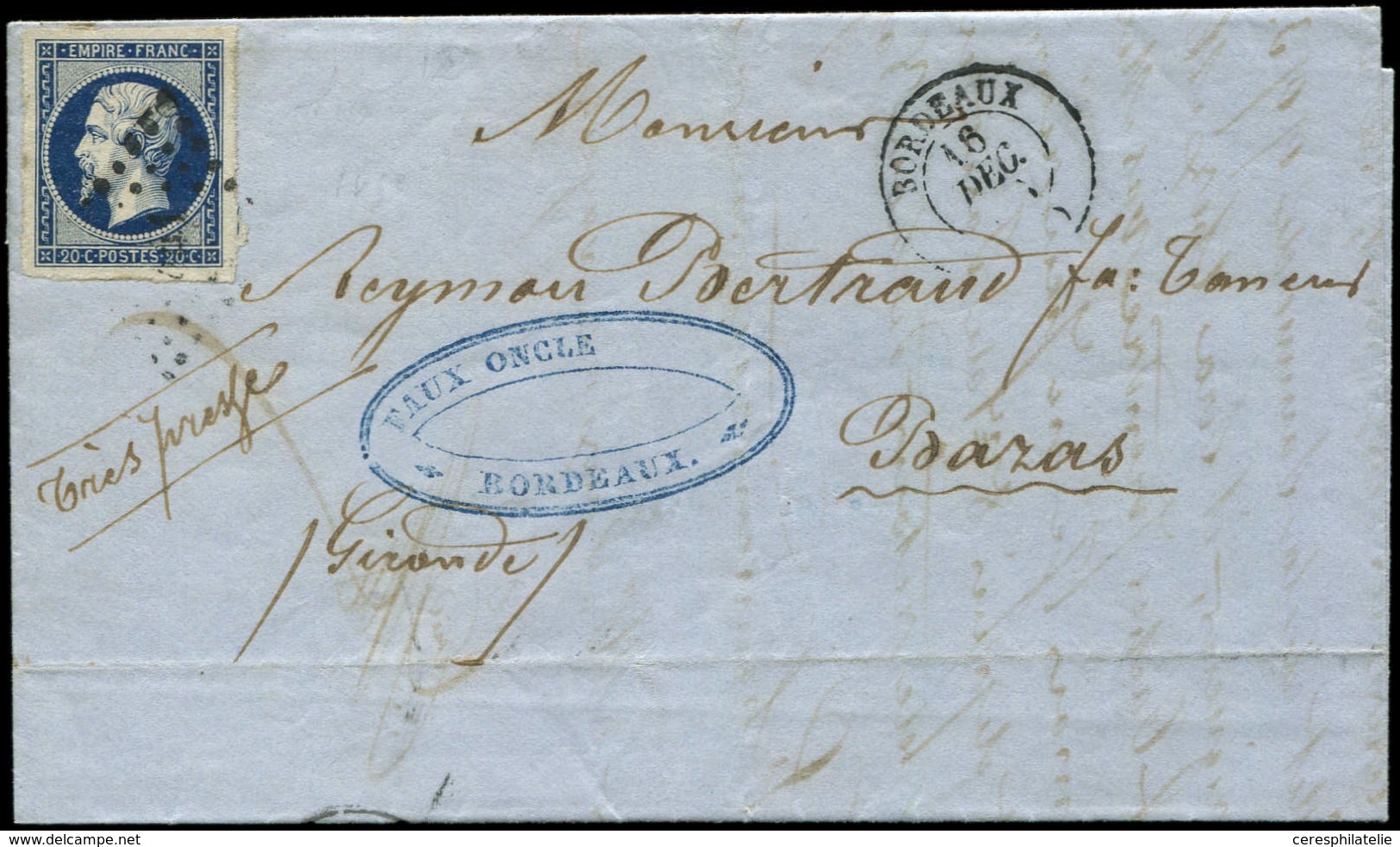 Let EMPIRE NON DENTELE - 14Ab 20c. Bleu Noir, T I, Obl. PC De BORDEAUX S. LAC 18/12/56, TB - 1853-1860 Napoleone III