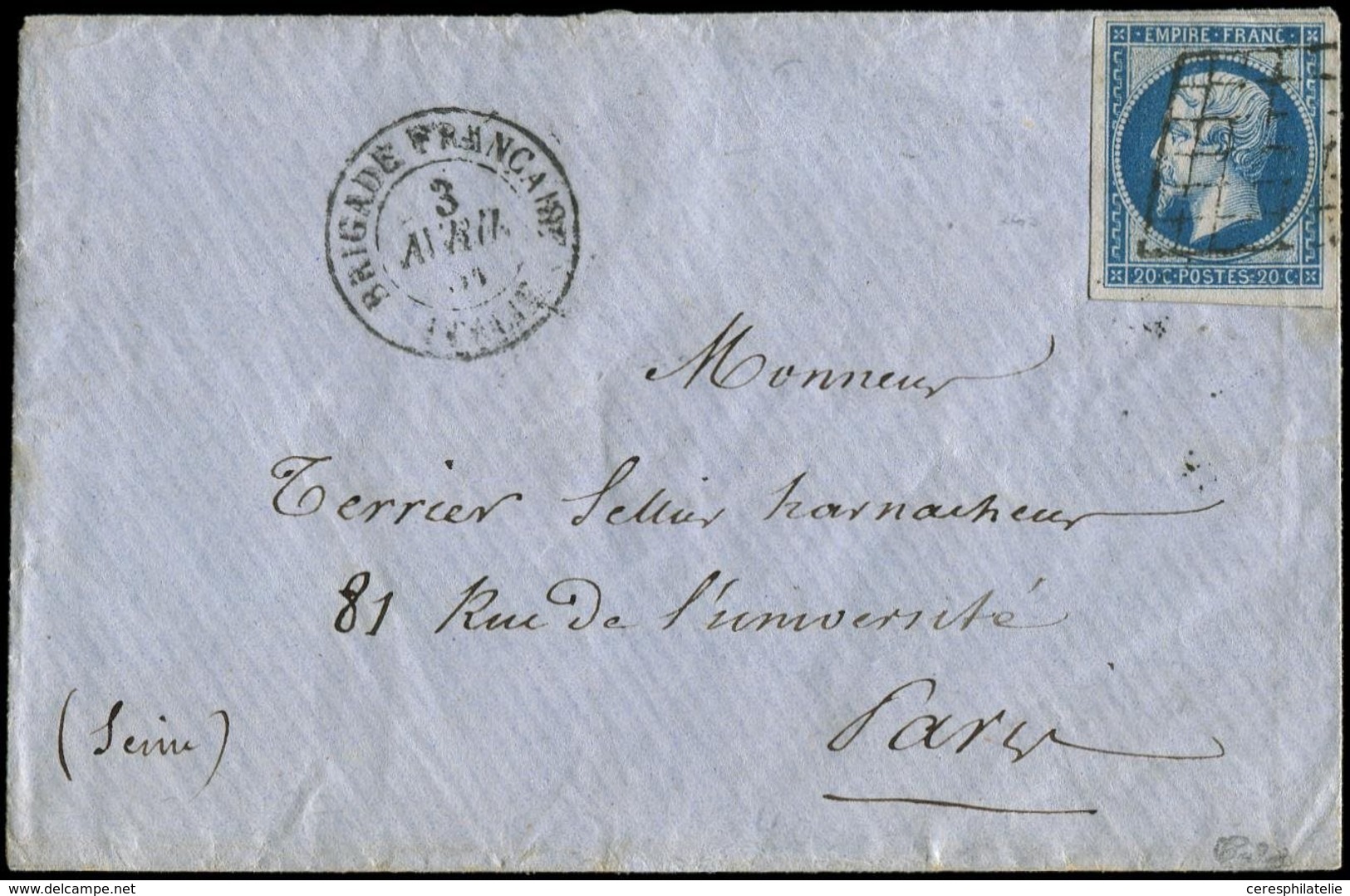 Let EMPIRE NON DENTELE - 14B  20c. Bleu, T II, Obl. GRILLE S. Env., Càd BRIGADE FRANCAISE ITALIE 3/4/61, Arr. PARIS 9/4  - 1853-1860 Napoléon III