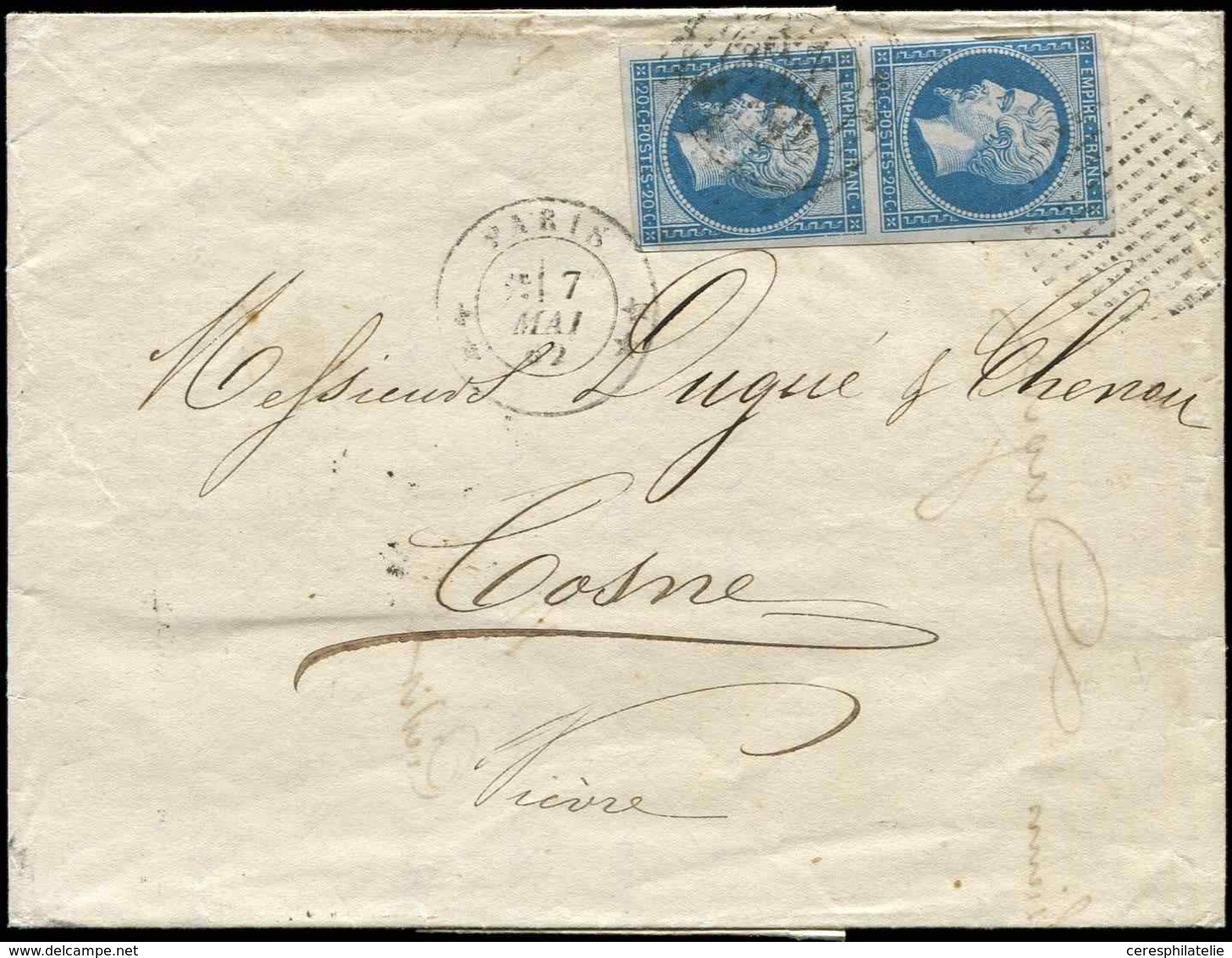 Let EMPIRE NON DENTELE - 14B  20c. Bleu, T II, PAIRE Obl. Rond De Points Et Càd ** PARIS ** 7/5/62 S. LAC, TB - 1853-1860 Napoleon III