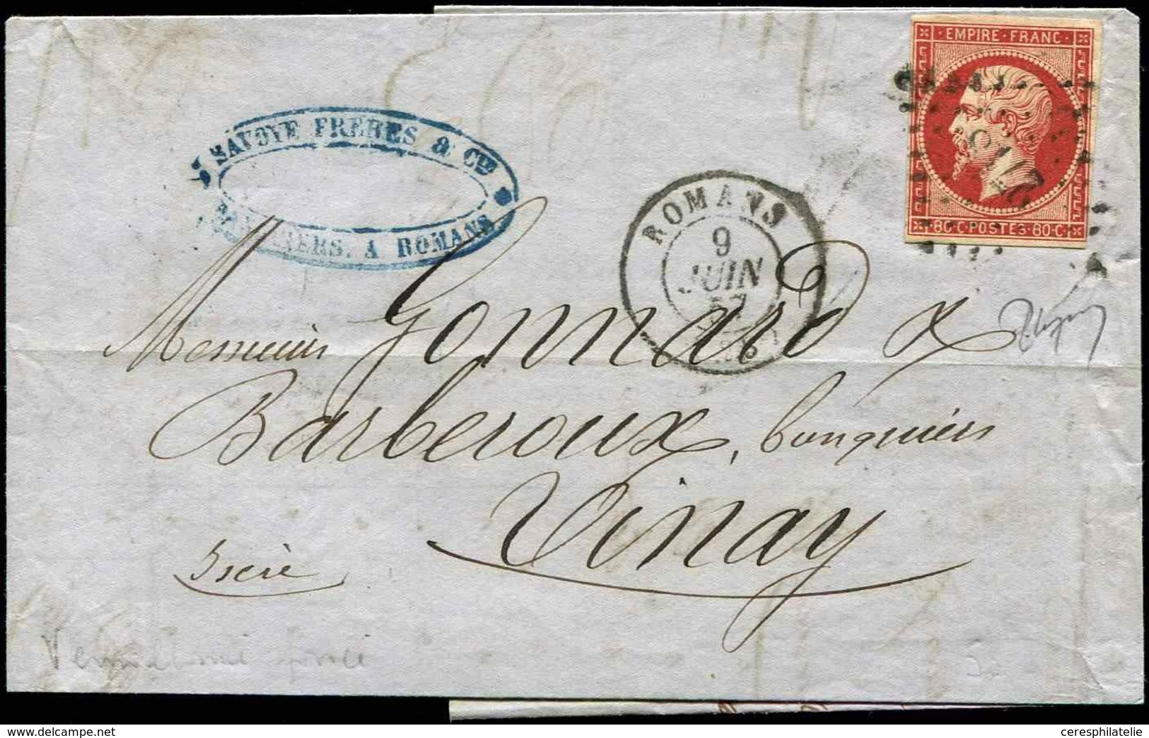 Let EMPIRE NON DENTELE - 17Ar 80c. VERMILLONNE FONCE Obl. PC 2718 S. LAC, Càd T15 ROMANS 9/6/57, Très Belle Nuance - 1853-1860 Napoleone III