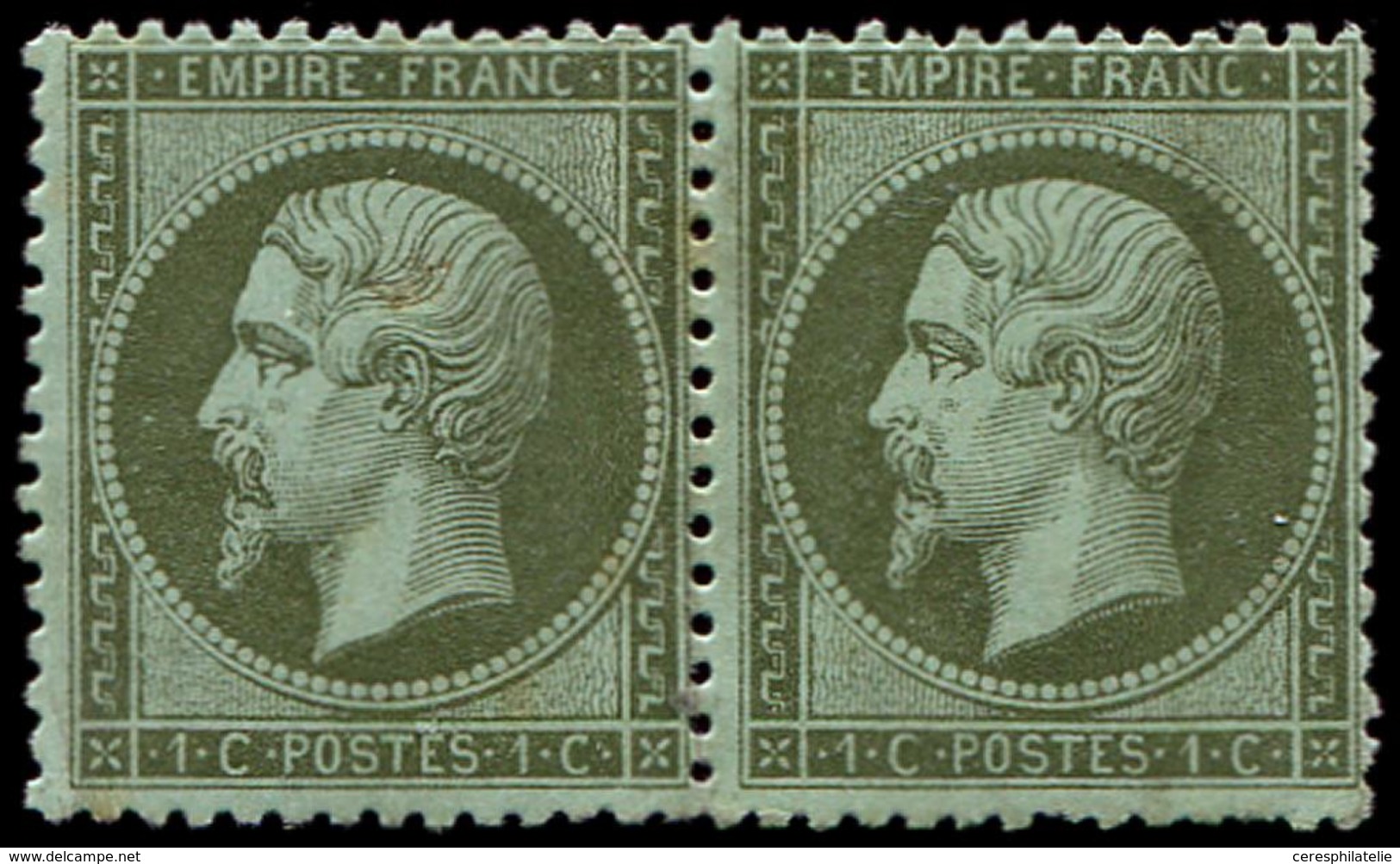 * EMPIRE DENTELE - 19    1c. Olive, PAIRE, 4 Infimes Points Roux Sur La Gomme, Aspect TB - 1862 Napoleone III