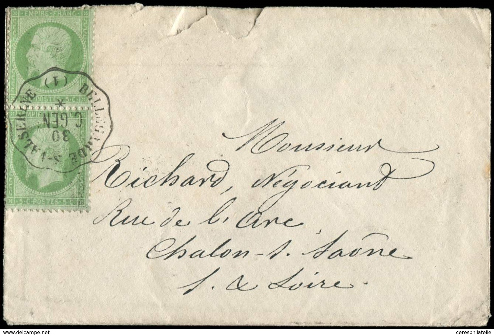 Let EMPIRE DENTELE - 20    5c. Vert, PAIRE Obl. Conv. BELLEGARDE-S-VALSERINE C.GEN S. Env., Superbe - 1862 Napoleon III