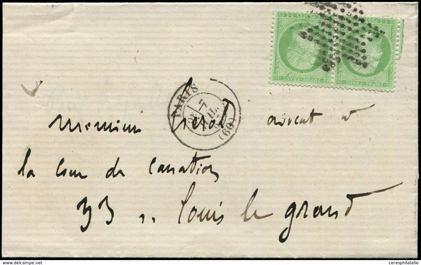 Let EMPIRE DENTELE - 20    5c. Vert, PAIRE Obl. Etoile S. LAC Locale, Càd PARIS 7/7/67, TTB - 1862 Napoléon III