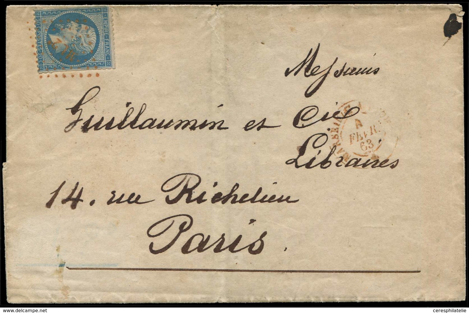 Let EMPIRE DENTELE - 22   20c. Bleu, Obl. Amb. ML2° S. LSC, Càd Amb. MARSEILLE A LYON 4/2/63, Le Tout En ROUGE, RR, TTB - 1862 Napoleon III