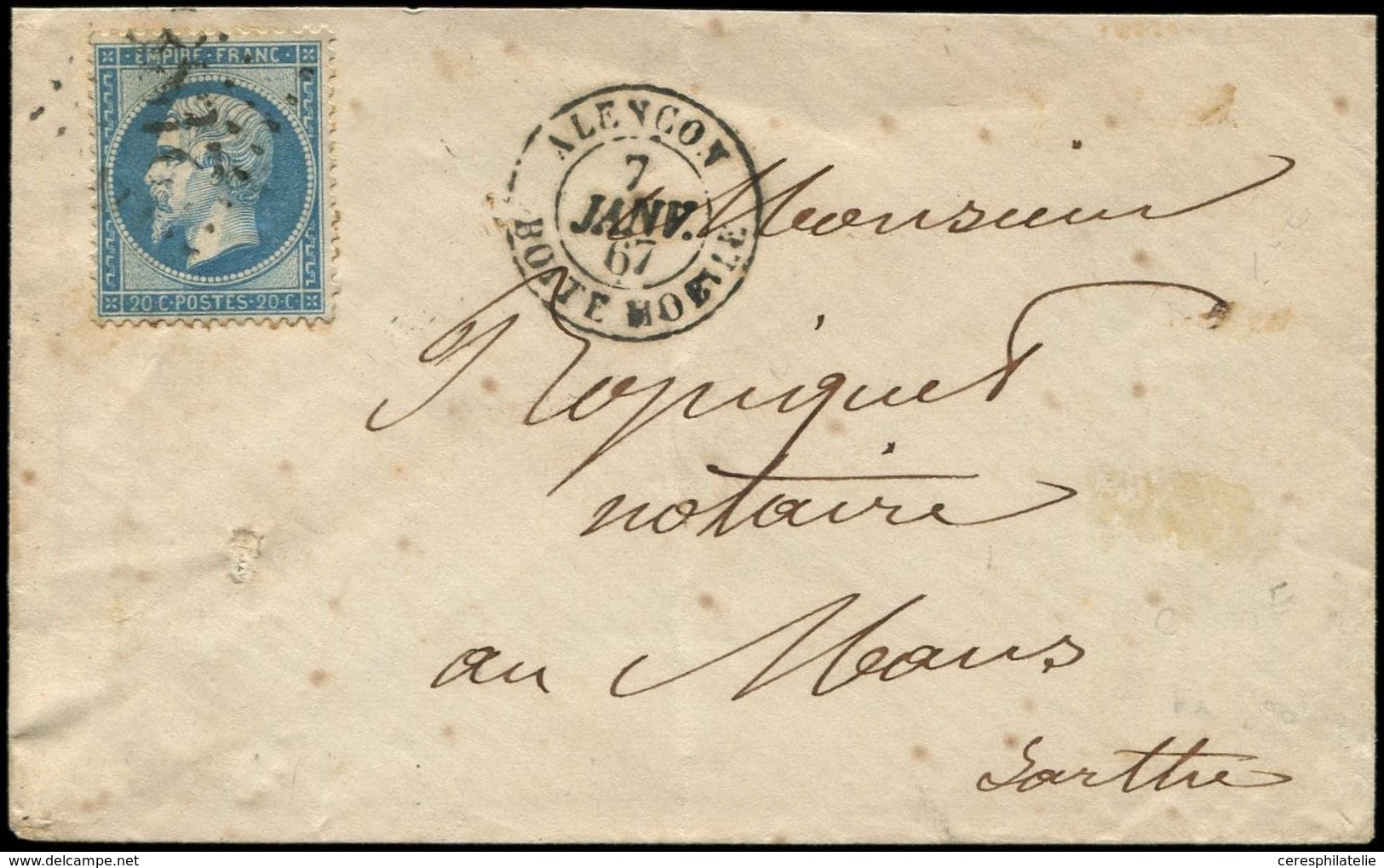 Let EMPIRE DENTELE - 22   20c. Bleu, Obl. GC 2188 S. Env., Càd ALENCON BOITE MOBILE 7/1/67, R Et TB - 1862 Napoleone III