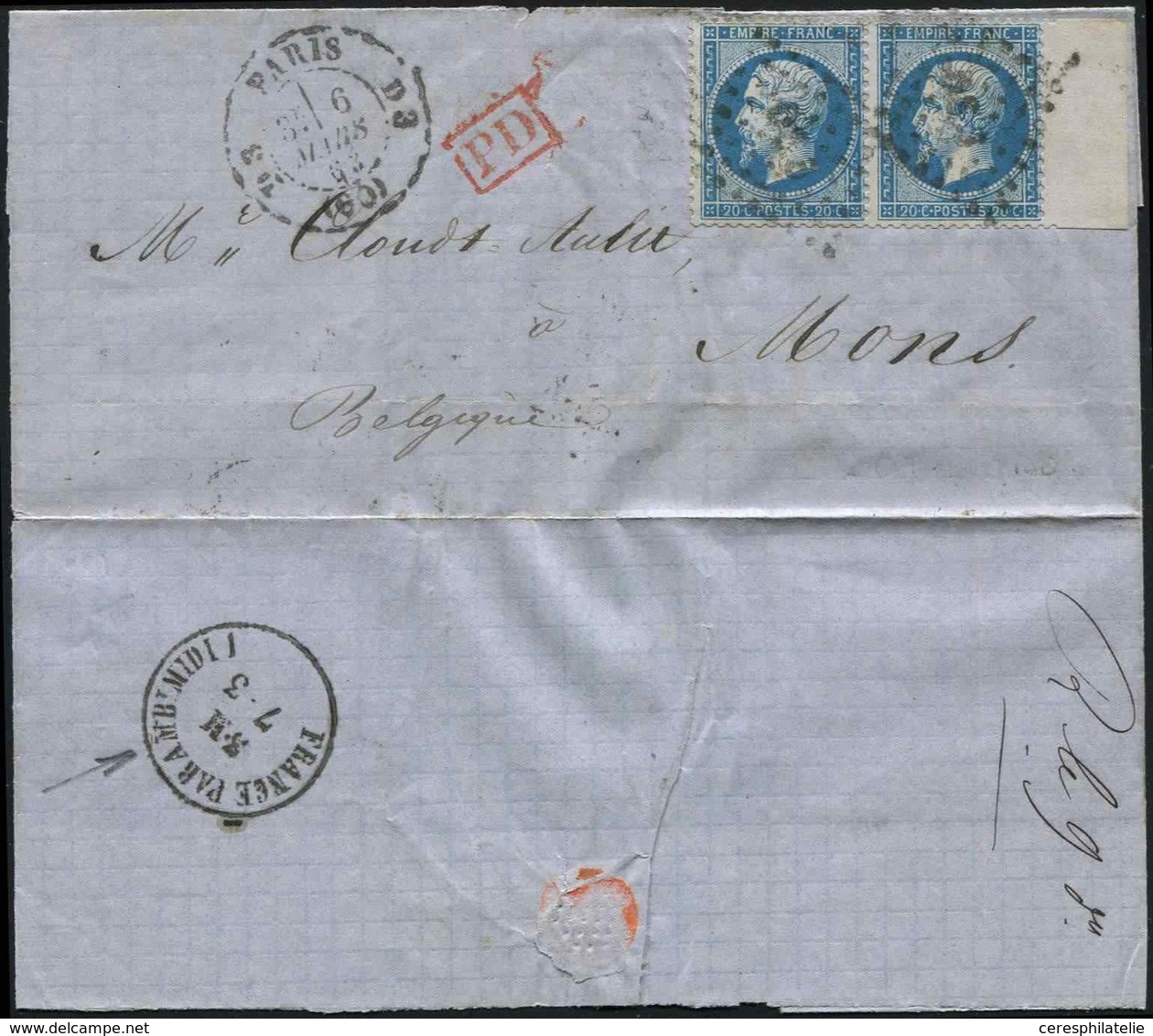 Let EMPIRE DENTELE - 22   20c. Bleu, PAIRE Bdf, Obl. Los. Bâton DS3 S. LAC, Càd PARIS D3 6/3/63, Arr. MONS, TB - 1862 Napoleone III