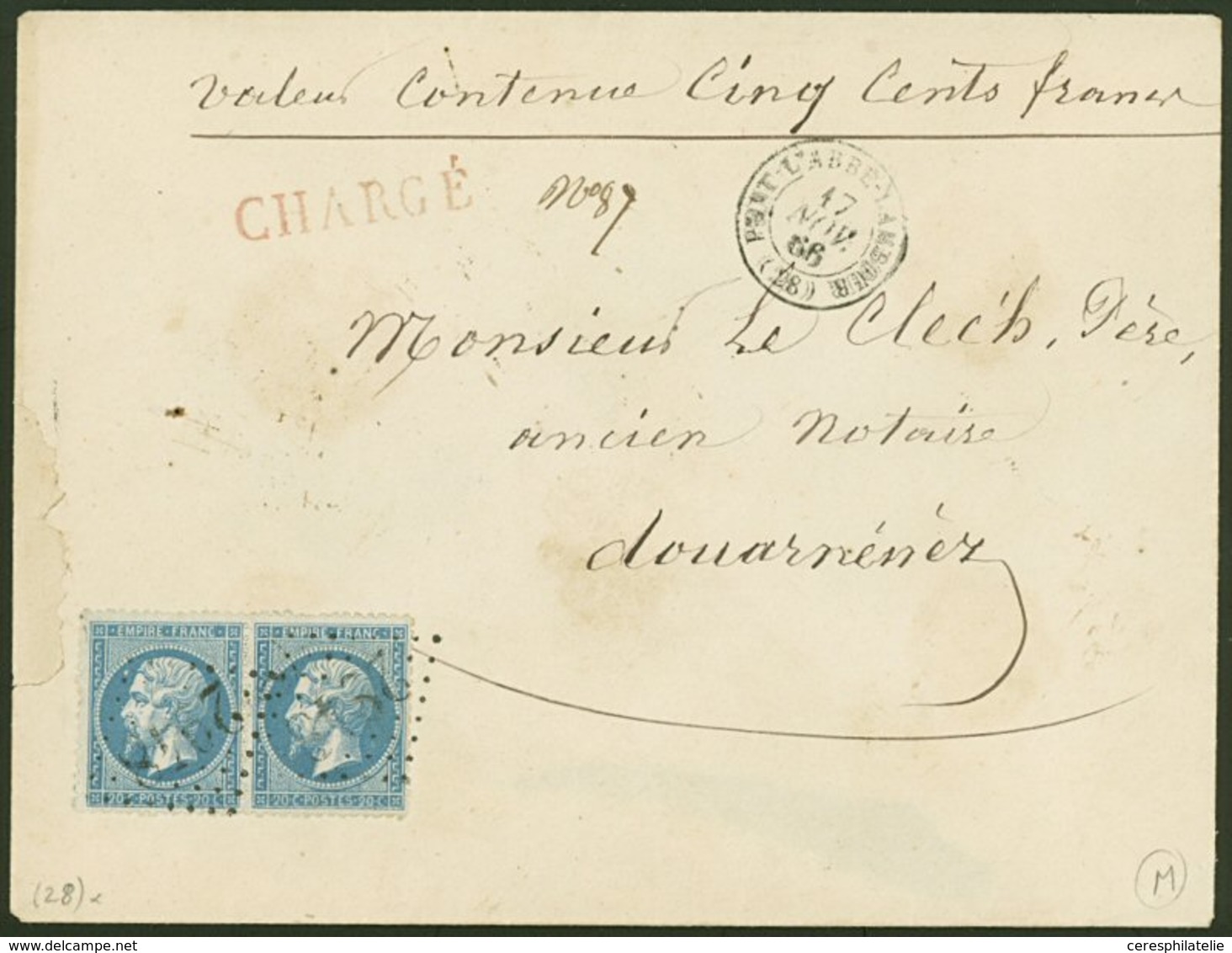 Let EMPIRE DENTELE - 22   20c. Bleu, PAIRE Obl. GC 2948 Sur Env. CHARGE (déchirure Au Recto), Càd PONT L'ABBE-LAMBOUR 17 - 1862 Napoleone III