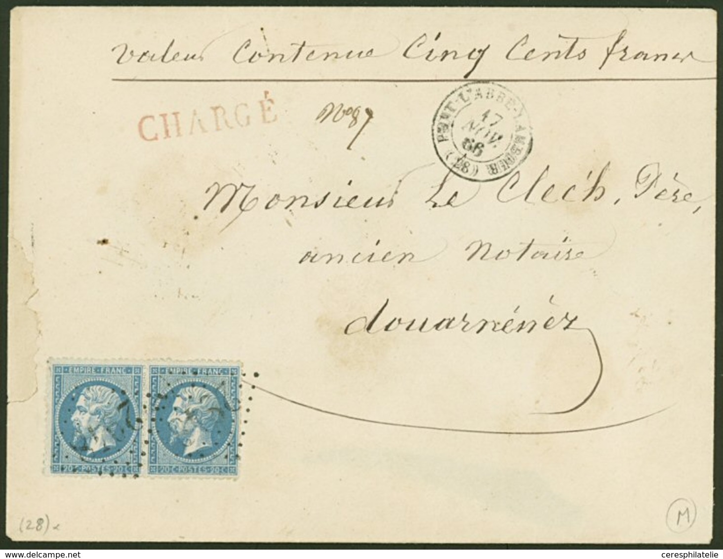 Let EMPIRE DENTELE - 22   20c. Bleu, PAIRE Obl. GC 2948 Sur Env. CHARGE (déchirure Au Recto), Càd PONT L'ABBE-LAMBOUR 17 - 1862 Napoleon III