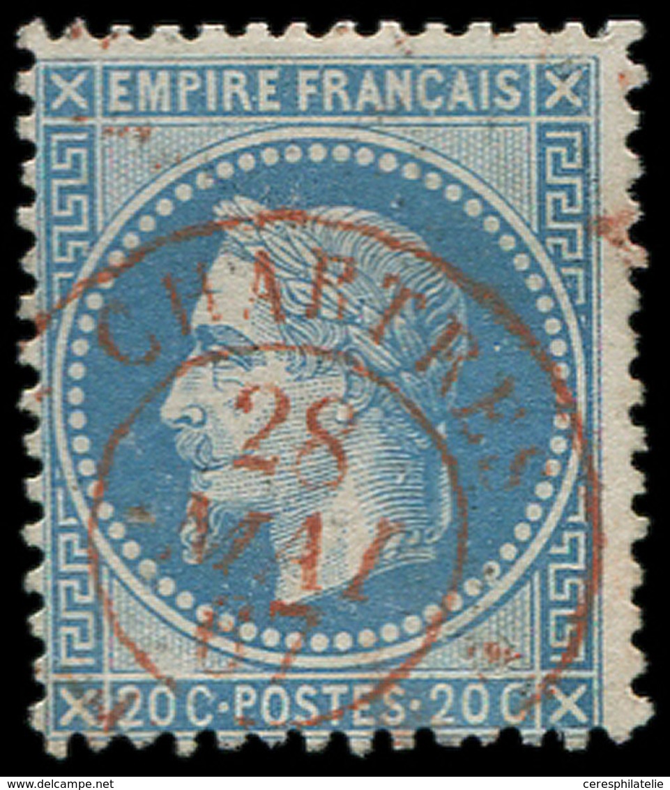 EMPIRE LAURE - 29B  20c. Bleu, T II, Obl. Càd T15 CHARTRES 28/5/67 En Rouge, Frappe TTB - 1863-1870 Napoleon III With Laurels