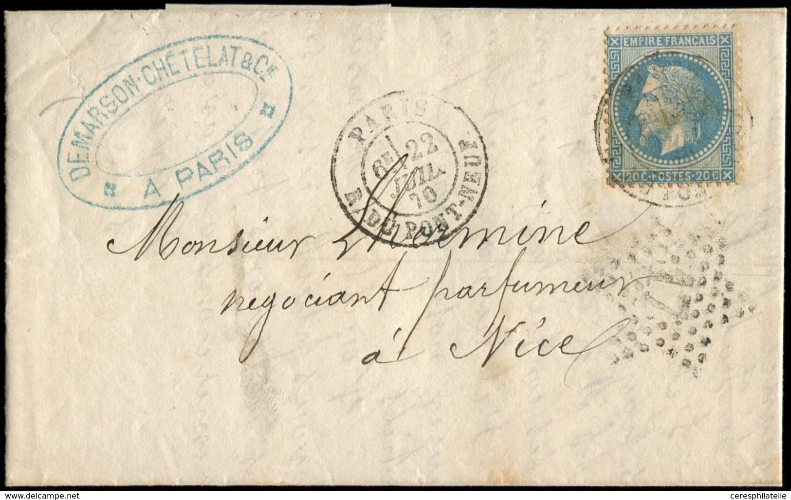 Let EMPIRE LAURE - 29B  20c. Bleu, T II, Obl. Càd R. Du Pont Neuf 22/7/70 S. LAC, Càd Répété à Côté Avec L'ETOILE 17, In - 1863-1870 Napoleone III Con Gli Allori