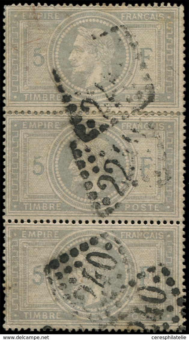 EMPIRE LAURE - 33    5f. Gris Violet, BANDE De 3 Obl. GC 2240, 2 Dents Un Peu Justes, Sinon TB. C - 1863-1870 Napoléon III Lauré