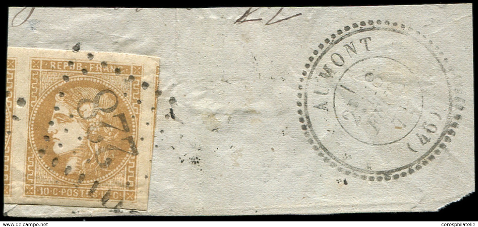 EMISSION DE BORDEAUX - 43B  10c. Bistre-jaune, R II, Grandes Marges, 2 Voisins Obl. GC 228 S. Fragt, Càd T24 AUMONT 8/2/ - 1870 Bordeaux Printing