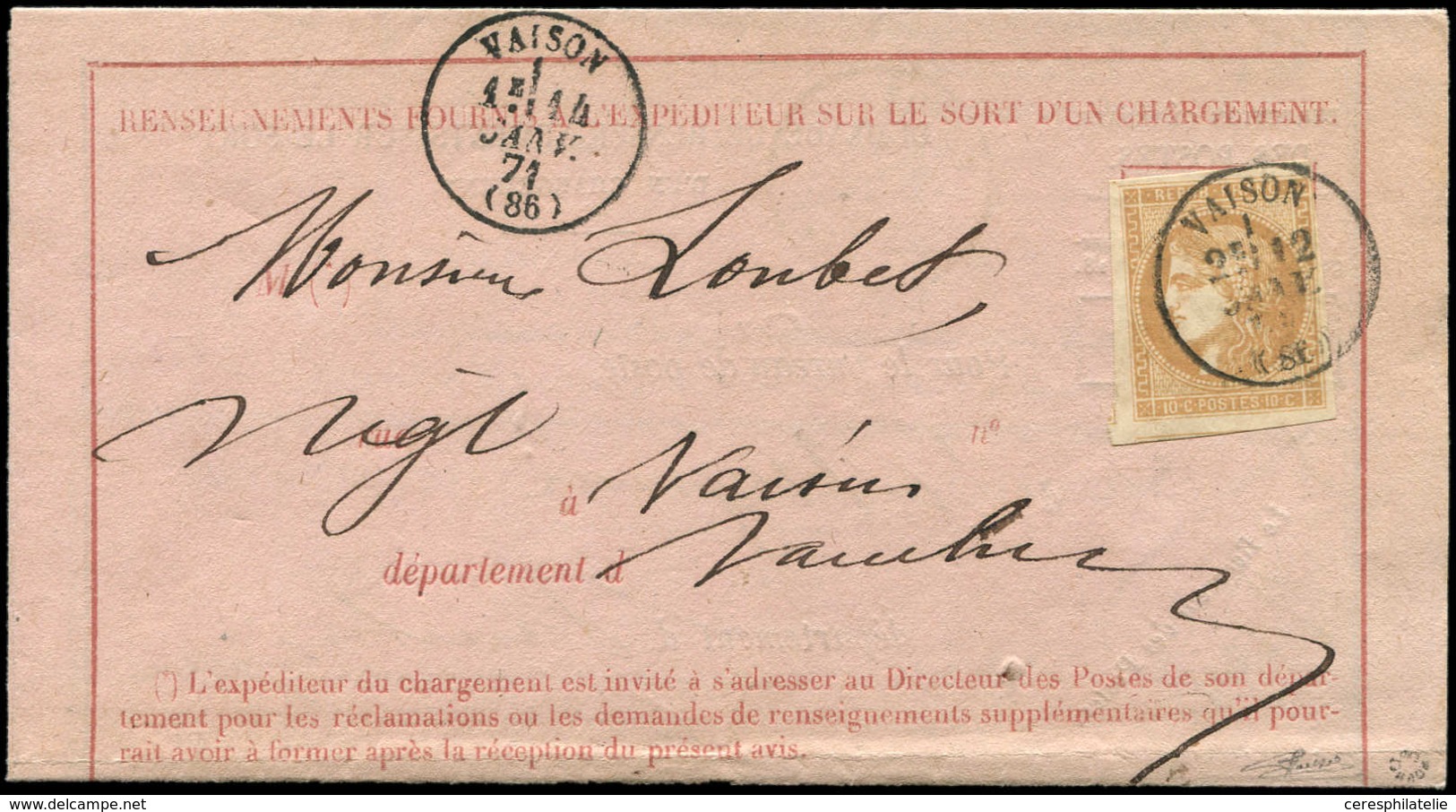 Let EMISSION DE BORDEAUX - 43A  10c. Bistre, R I, Obl. Càd T16 VAISON 14/1/71 Répété à Côté S. Avis De Chargement, TTB - 1870 Bordeaux Printing