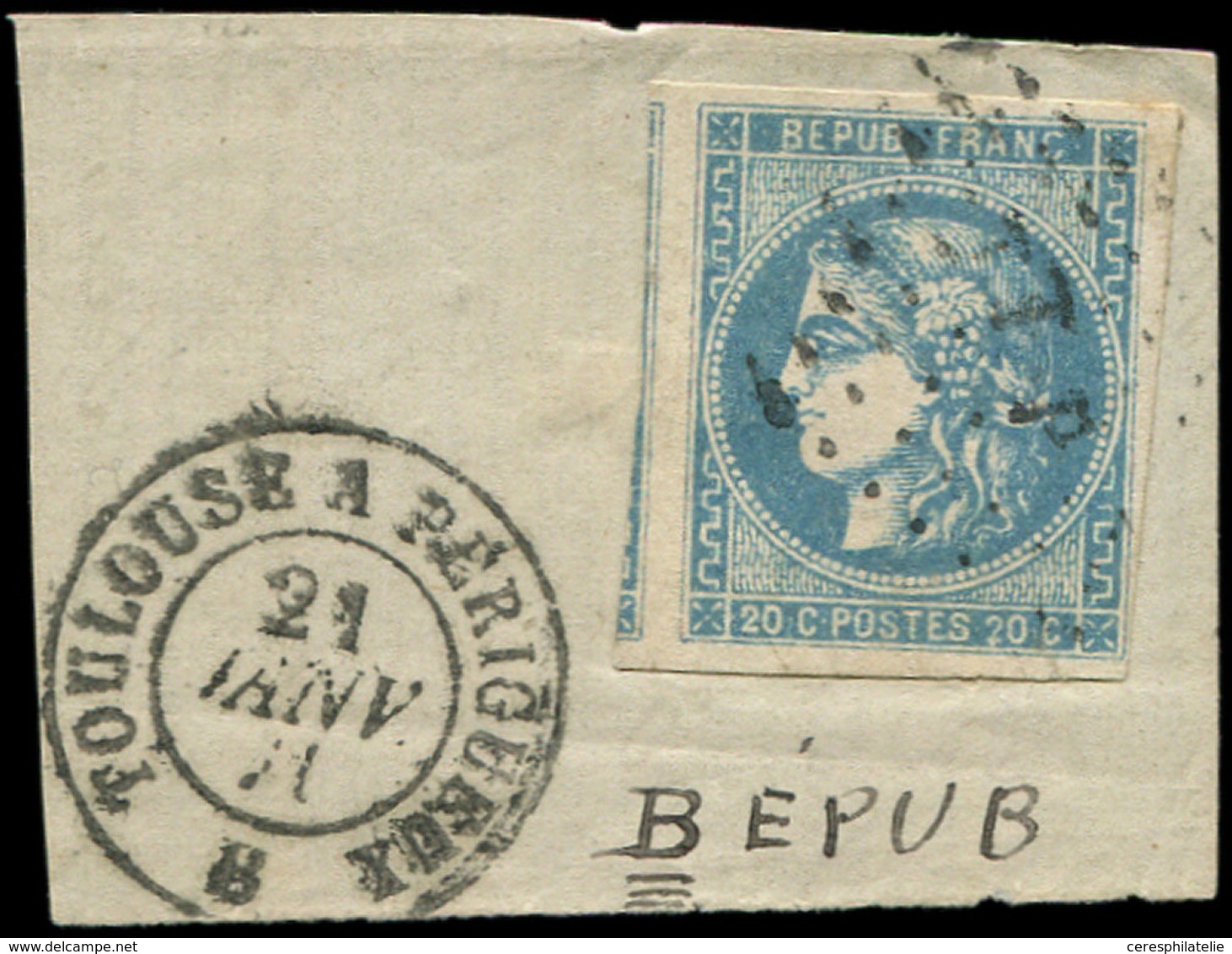 EMISSION DE BORDEAUX - 46A  20c. Bleu, T III, R I, Variété BEPUB, Voisin à Gauche, Obl. Amb. TP Sur Fragt, Càd TOULOUSE - 1870 Emissione Di Bordeaux