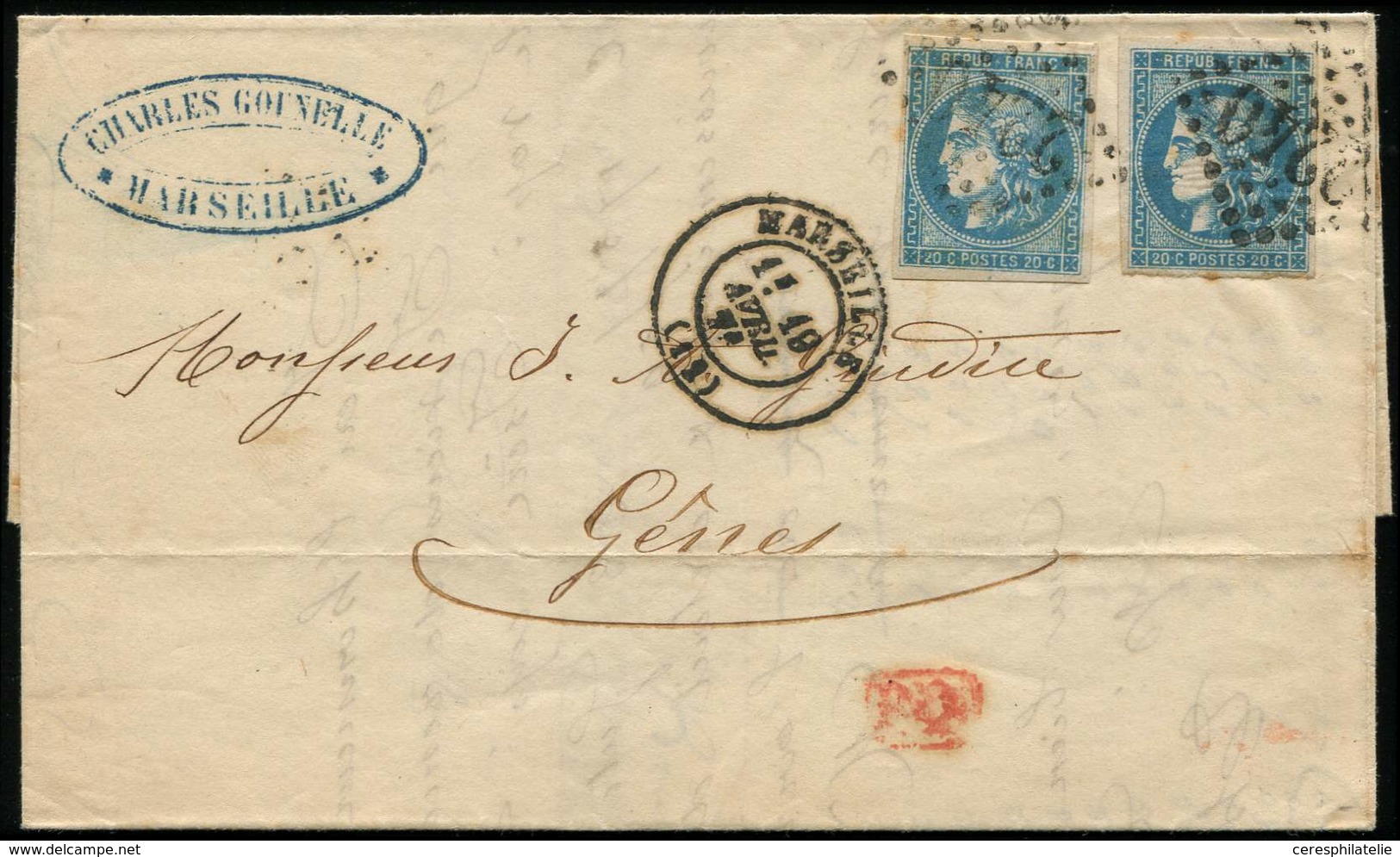 Let EMISSION DE BORDEAUX - 46B  20c. Bleu, T III, R II, 2 Ex. Obl. GC 2240 S. LAC, Càd T17 MARSEILLE 19/4/71, Arr. GENOV - 1870 Bordeaux Printing