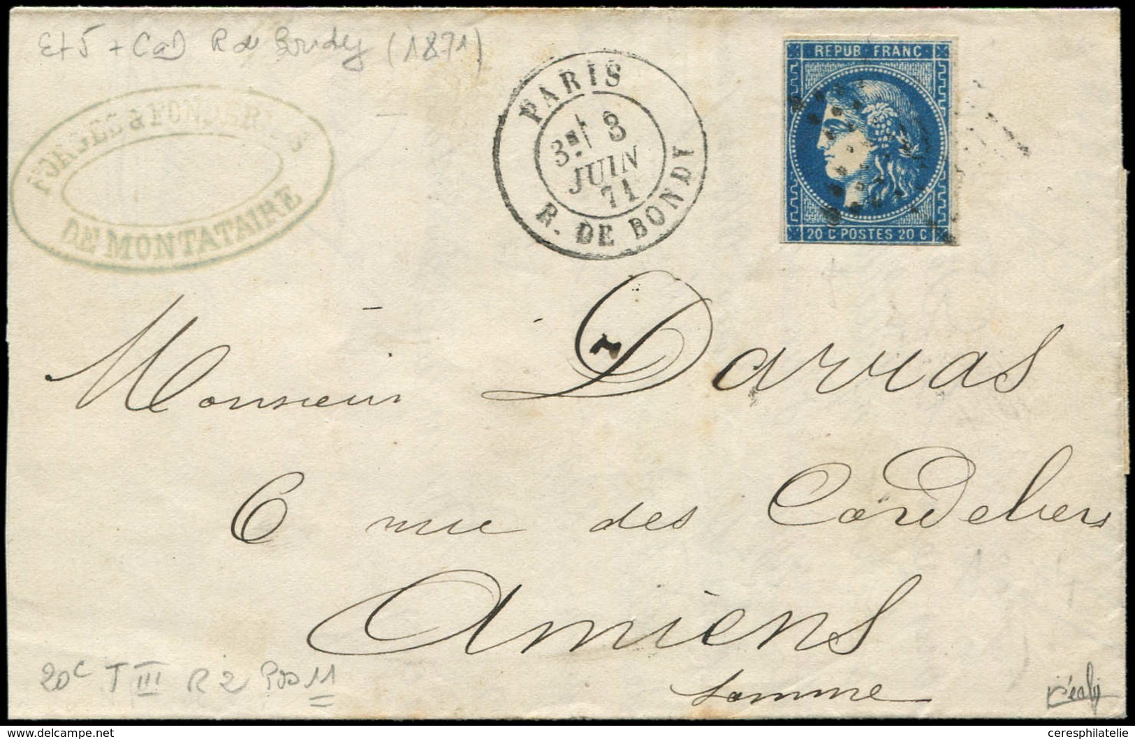 Let EMISSION DE BORDEAUX - 46Bh 20c. OUTREMER, T III, R II, Un Filet Touché, Obl. ETOILE 5 S. LAC, Càd R. De BONDY 3/6/7 - 1870 Bordeaux Printing
