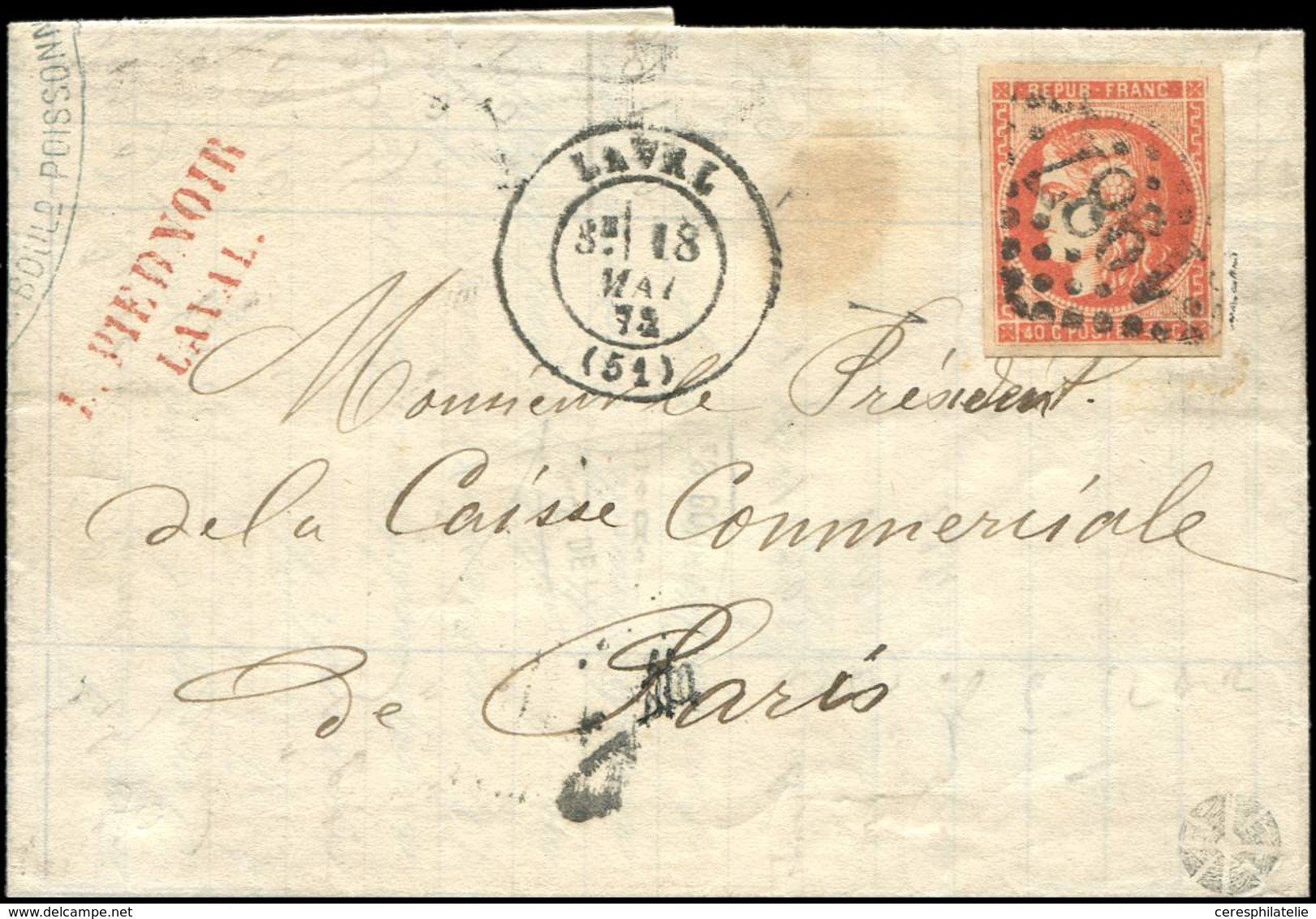 Let EMISSION DE BORDEAUX - 48d  40c. ROUGE SANG, Obl. GC 1887 S. LAC, Càd T17 LAVAL 18/5/72, TTB. Br - 1870 Bordeaux Printing