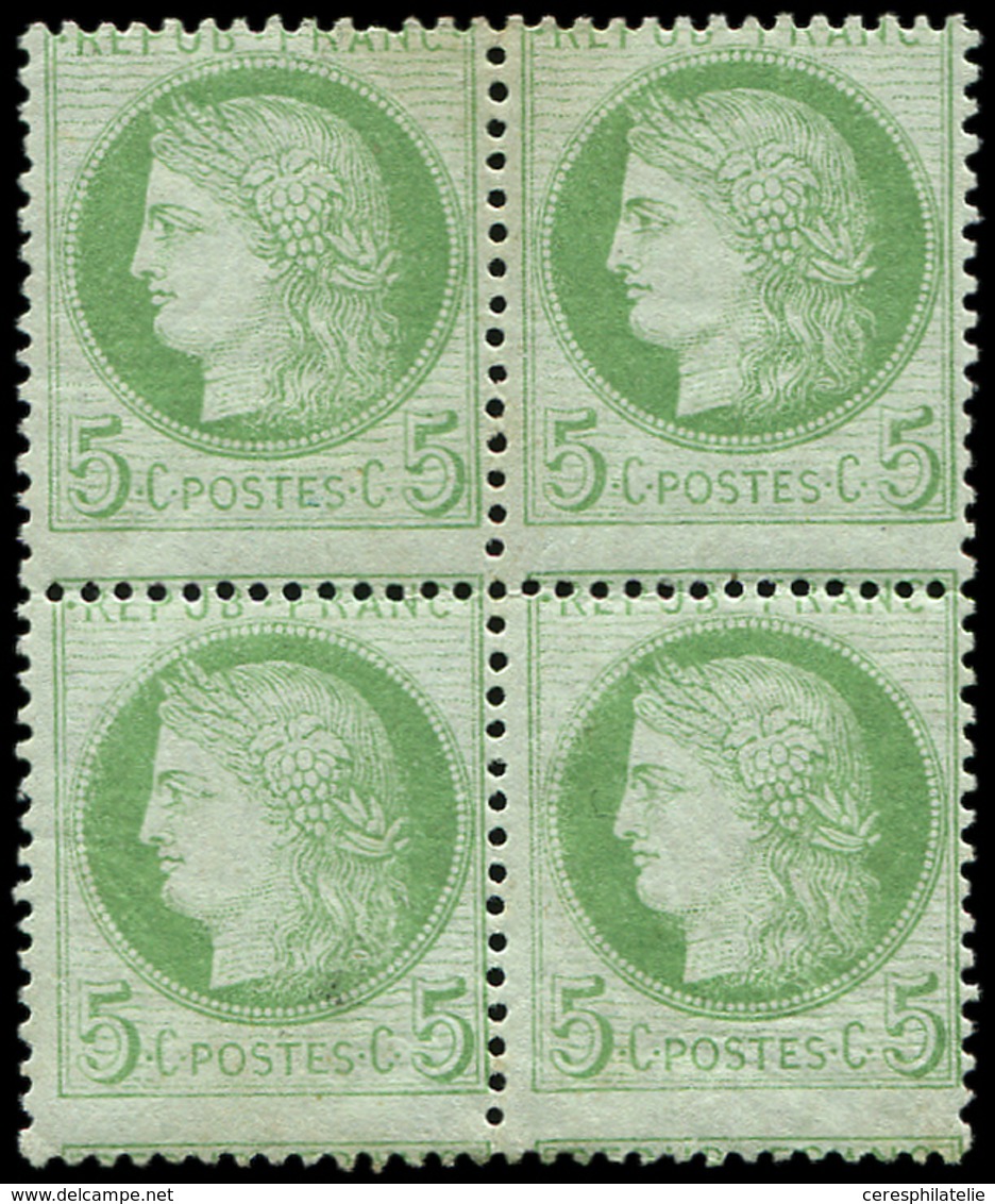 * CERES DENTELE - 53    5c. Vert-jaune Sur Azuré, BLOC De 4, Piquage DECALE, Un Ex. **, Un Ex. Une Dent écourtée, Sinon  - 1871-1875 Ceres