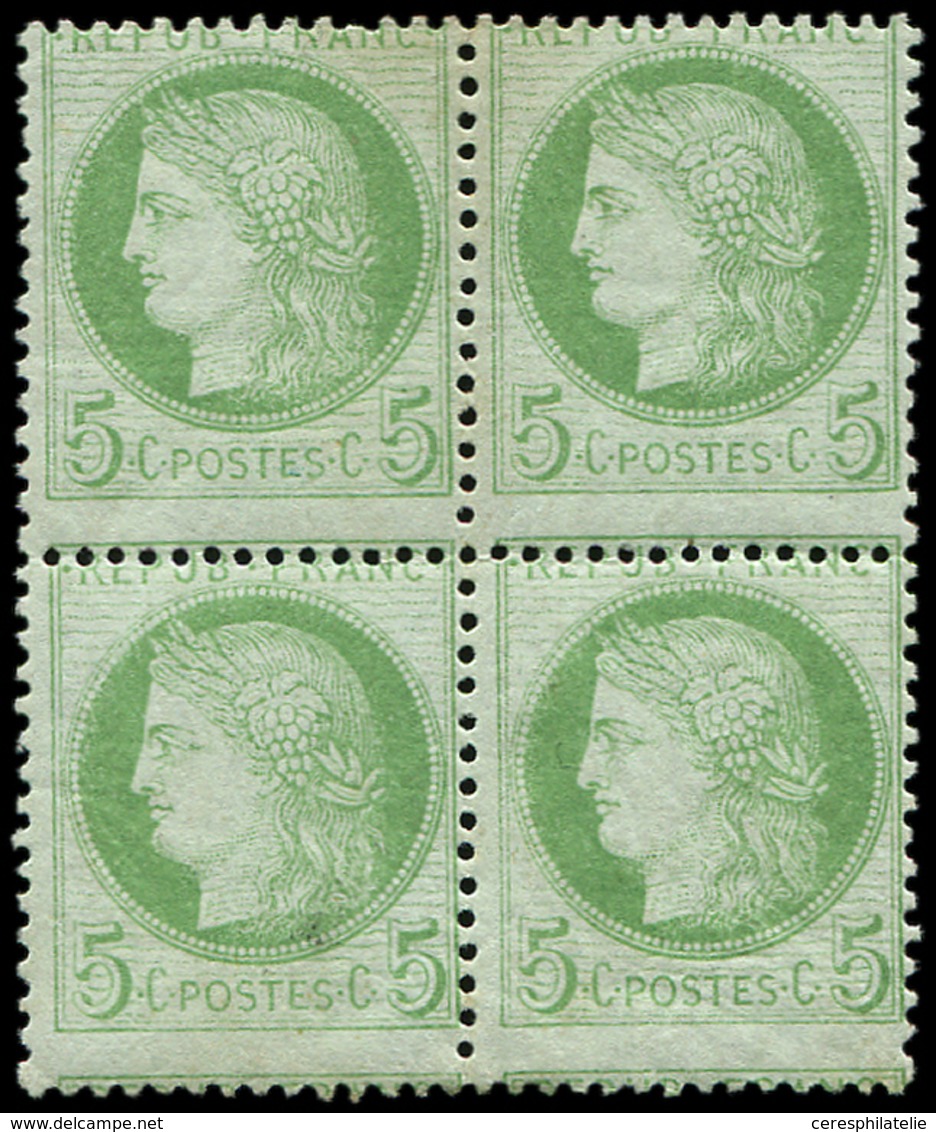 * CERES DENTELE - 53    5c. Vert-jaune Sur Azuré, BLOC De 4, Piquage DECALE, Un Ex. **, Un Ex. Une Dent écourtée, Sinon  - 1871-1875 Cérès