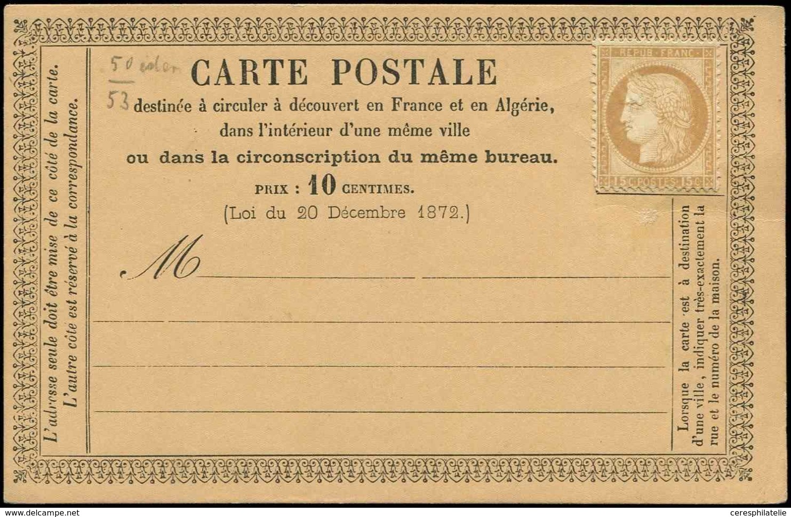 (*) CERES DENTELE - 55   15c. Bistre, Collé Sur CP Précurseur Neuve, TB - 1871-1875 Ceres