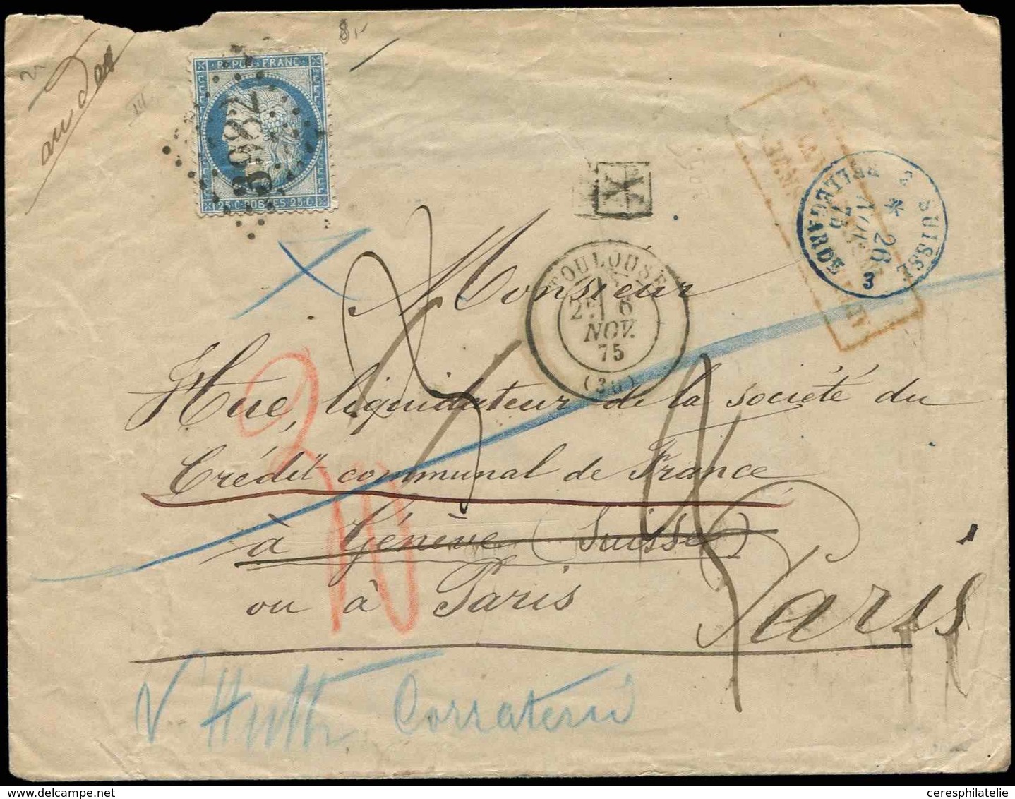 Let CERES DENTELE - 60C  25c. Bleu, T III, Obl. GC 3982 S. Env., Càd TOULOUSE 6/11/75, Pour La Suisse Et Réexp. à Paris, - 1871-1875 Ceres