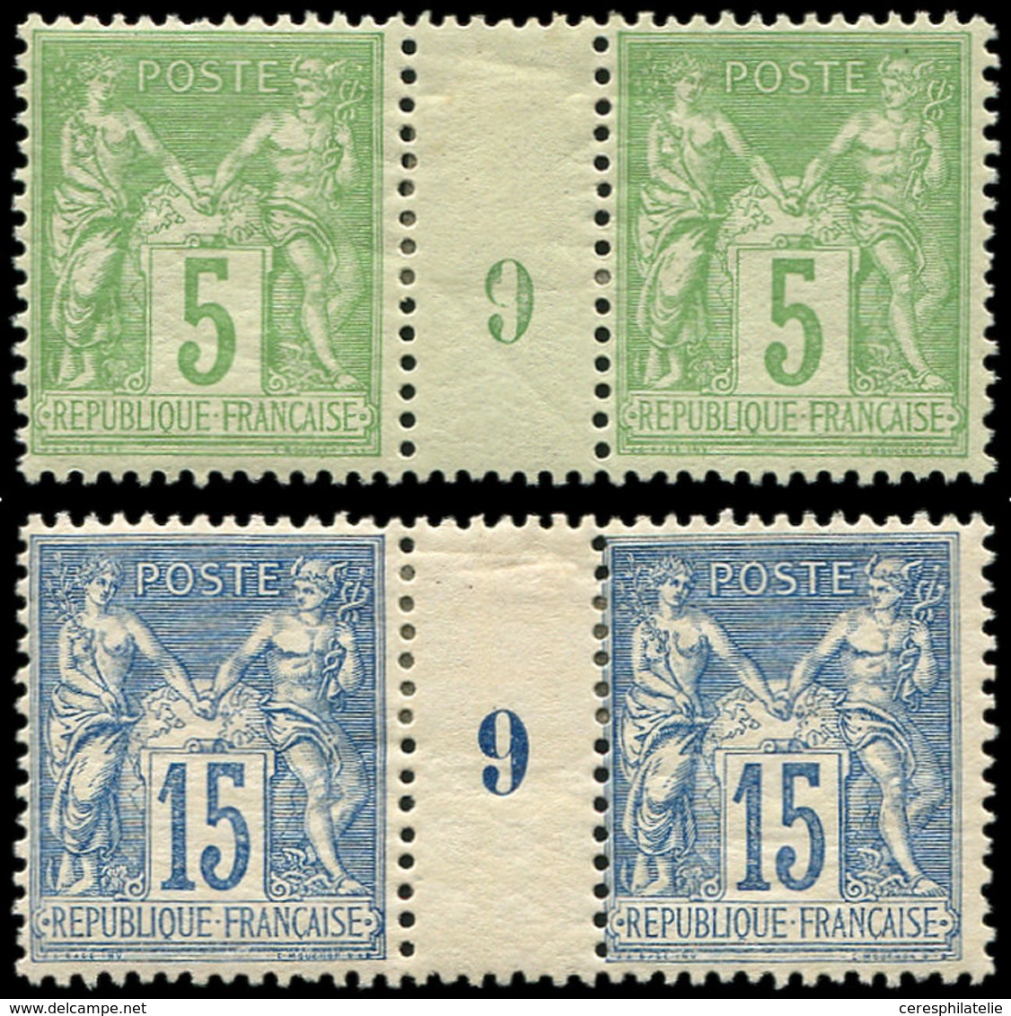 * TYPE SAGE - 101 Et 106, 15c. Bleu Et 5c. Vert Jaune, En PAIRES Mill.9, N°101 Un Ex. Clair, Sinon Frais Et TB - 1876-1878 Sage (Type I)