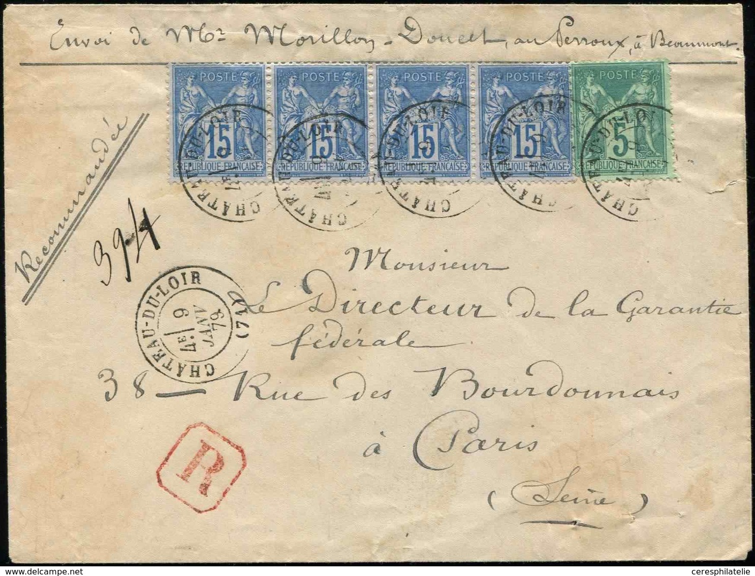 Let TYPE SAGE SUR LETTRES - N°75 Et 79 BANDE De 4 Obl. CHATEAU-DU-LOIR 9/1/79 S. Env. Rec., Frappes Superbes - 1877-1920: Periodo Semi Moderno