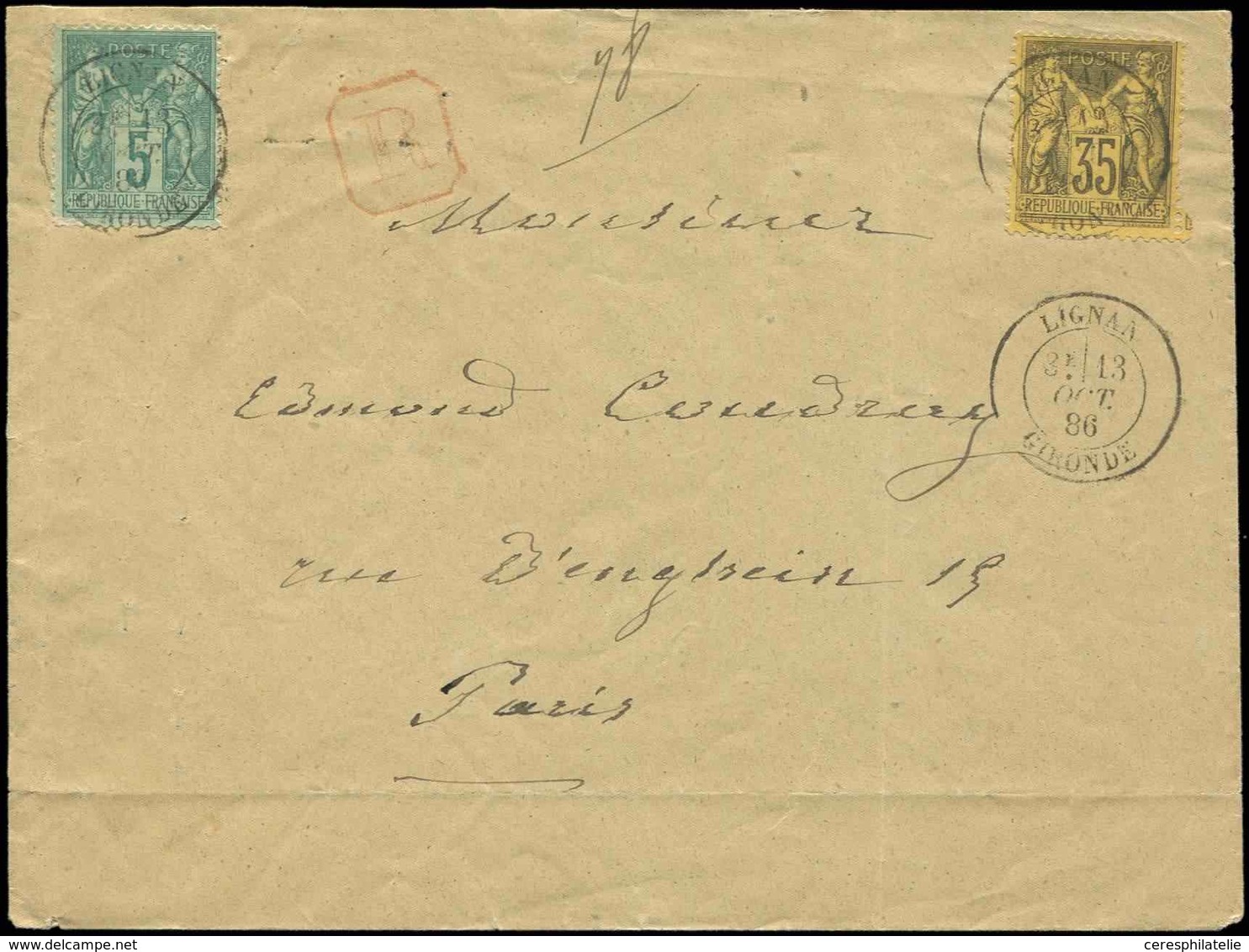 Let TYPE SAGE SUR LETTRES - N°75 Et 93 Obl. Càd LIGNAN 13/10/86 S. Env. Rec., TB - 1877-1920: Semi Modern Period