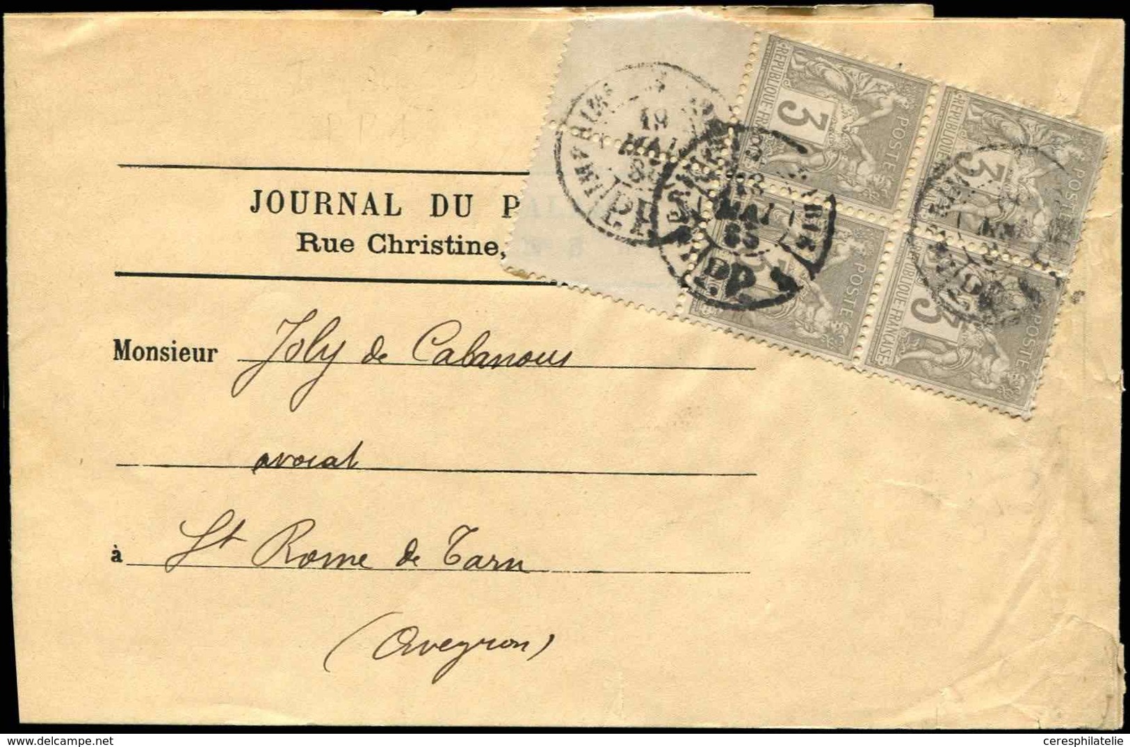 Let TYPE SAGE SUR LETTRES - N°87 BLOC De 4 Bdf (2 Ex. P.d.) Obl. Càd 3 PARIS P.P. S. Bande Journal Du Palais 1885, TB - 1877-1920: Semi Modern Period