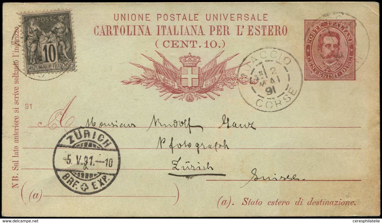 Let TYPE SAGE SUR LETTRES - N°89 Sur CP Entier D'Italie 10c. Obl. AJACCIO 2/5/91, Arr. ZURICH Le 5/5, TB - 1877-1920: Semi Modern Period